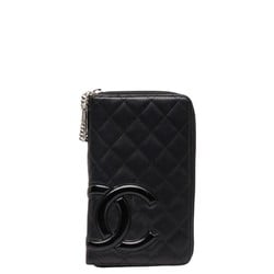 CHANEL Cambon Line Coco Mark Round Long Wallet Black Leather Women's
