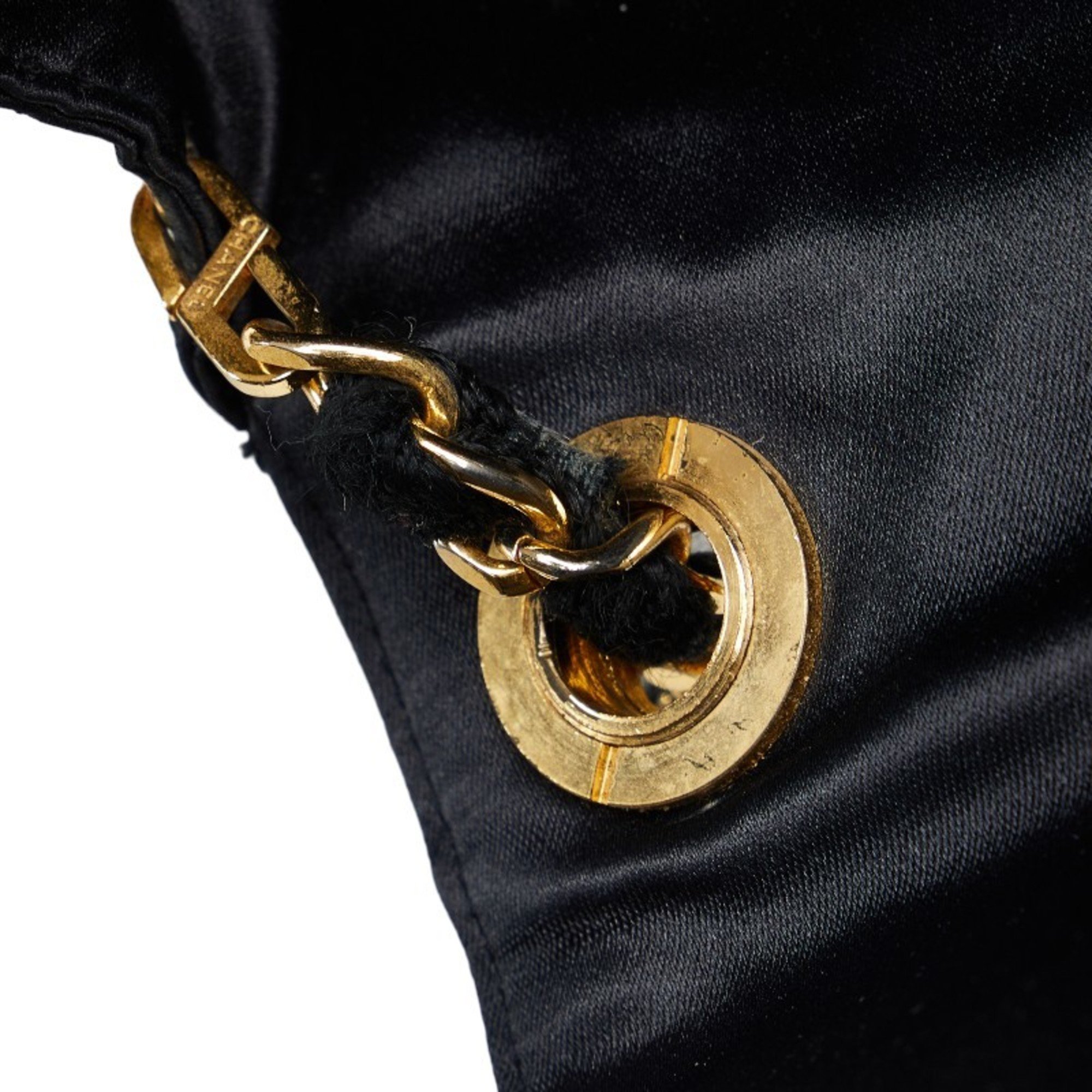 Chanel Coco Mark Rhinestone Chain Shoulder Bag Black Gold Satin Women's CHANEL