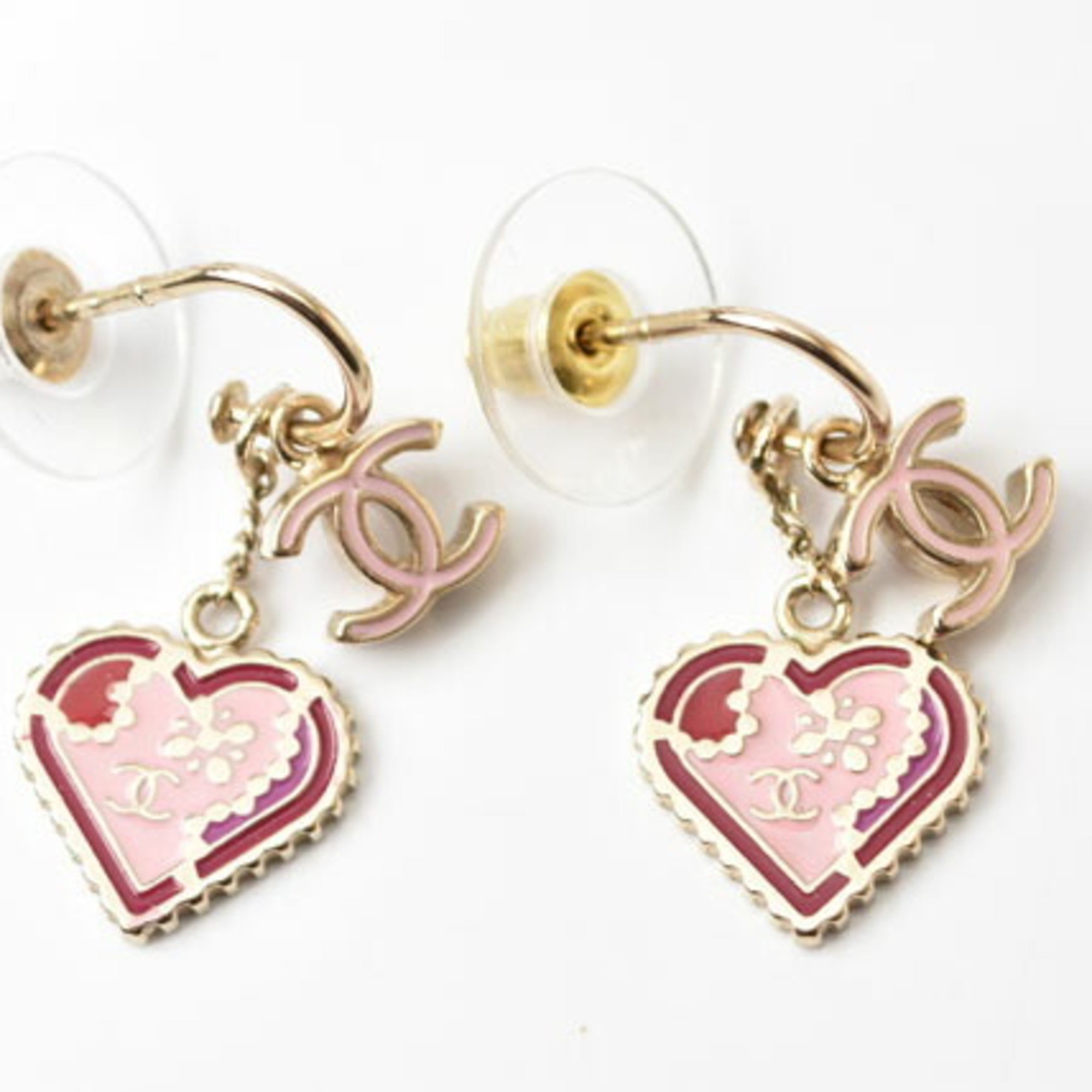Chanel Earrings CHANEL Swing CC Mark Heart Motif Pink Gold