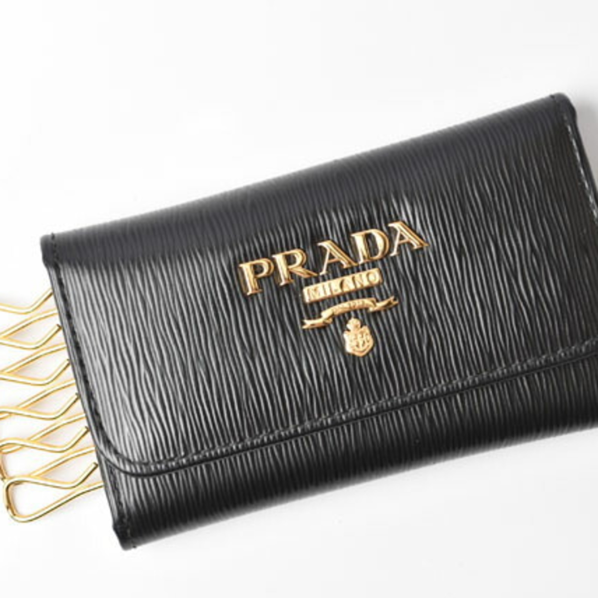 PRADA 6-ring key case, holder, 1PG222, VITELLO MOVE, embossed leather, NERO, black