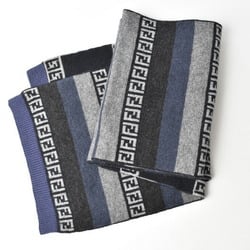 FENDI Scarf Winter Wool Blend FF Zucca Pattern Border Blue Gray
