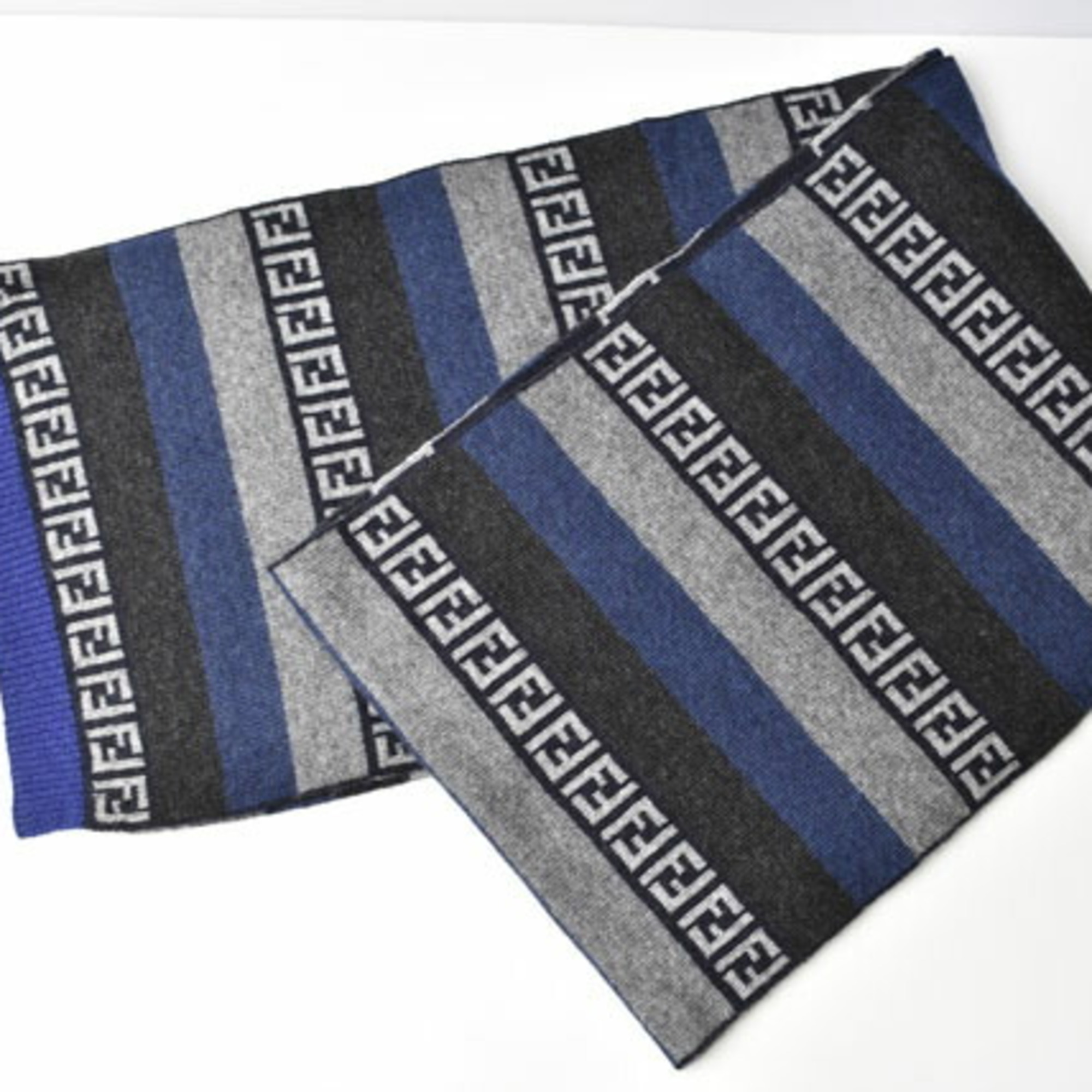 FENDI Scarf Winter Wool Blend FF Zucca Pattern Border Blue Gray
