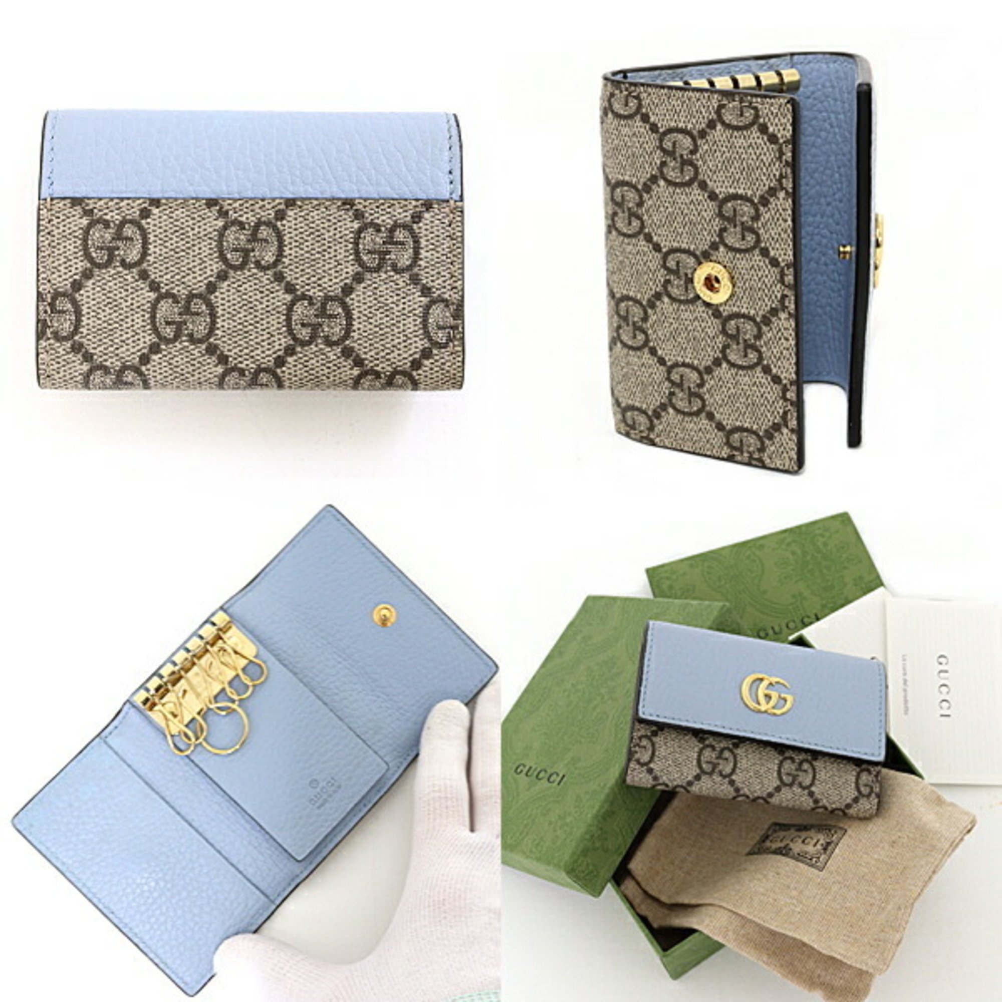 GUCCI GG Marmont Leather Key Case Supreme Canvas 456118 Light Blue Beige & Ebony