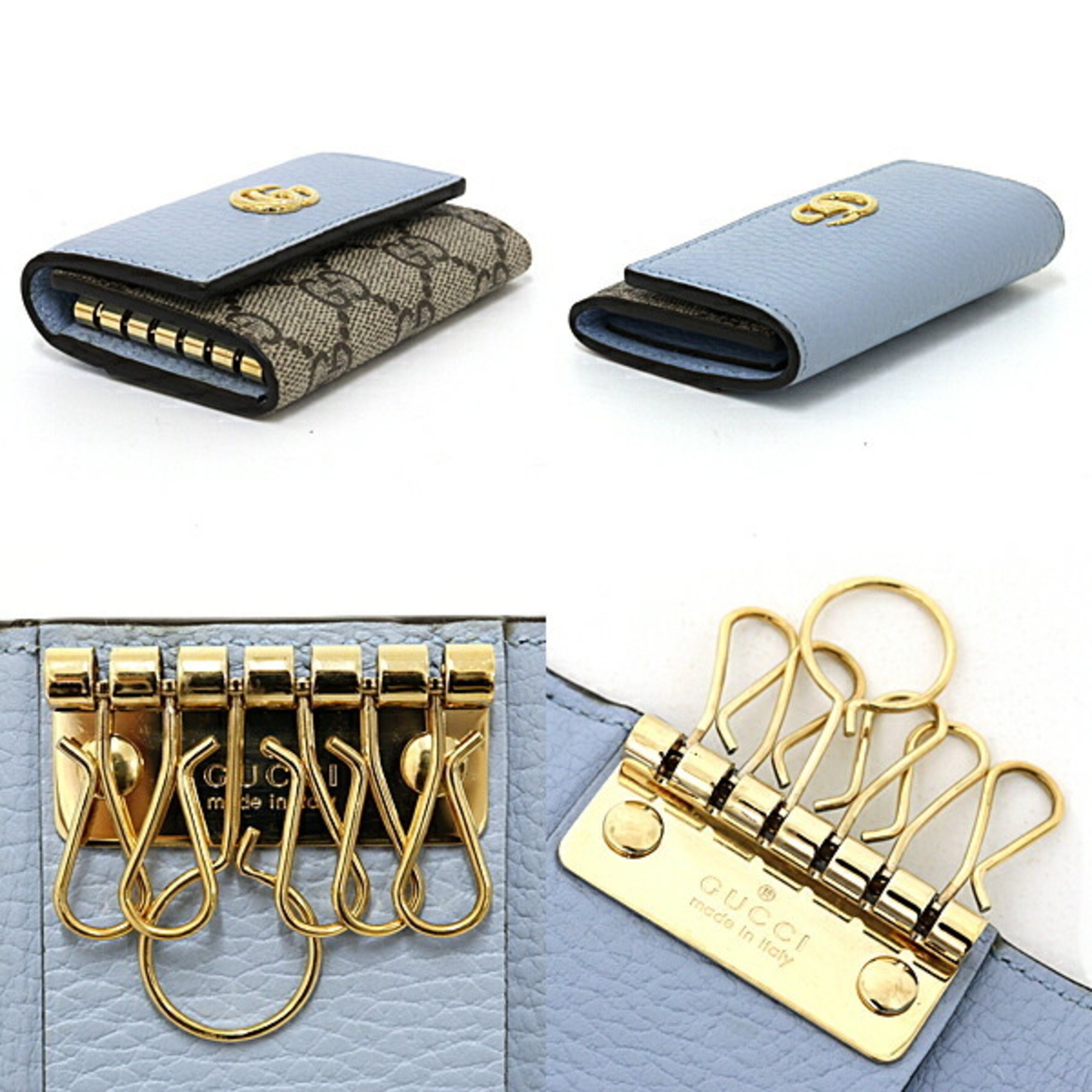 GUCCI GG Marmont Leather Key Case Supreme Canvas 456118 Light Blue Beige & Ebony