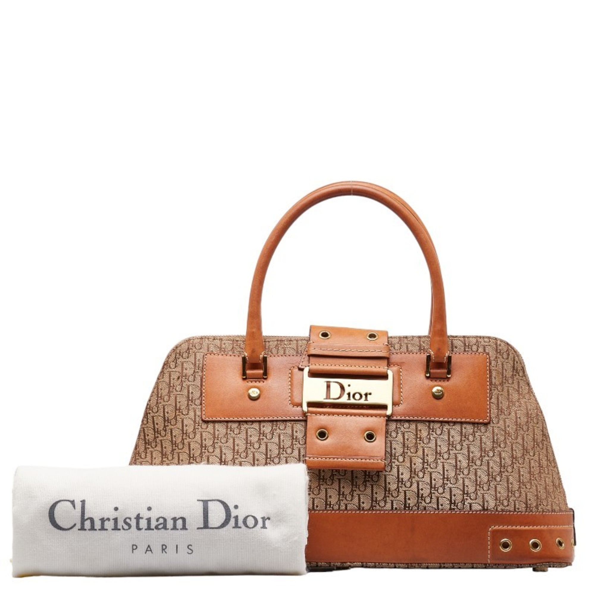 Christian Dior Dior Trotter Handbag Beige Brown Canvas Leather Women's