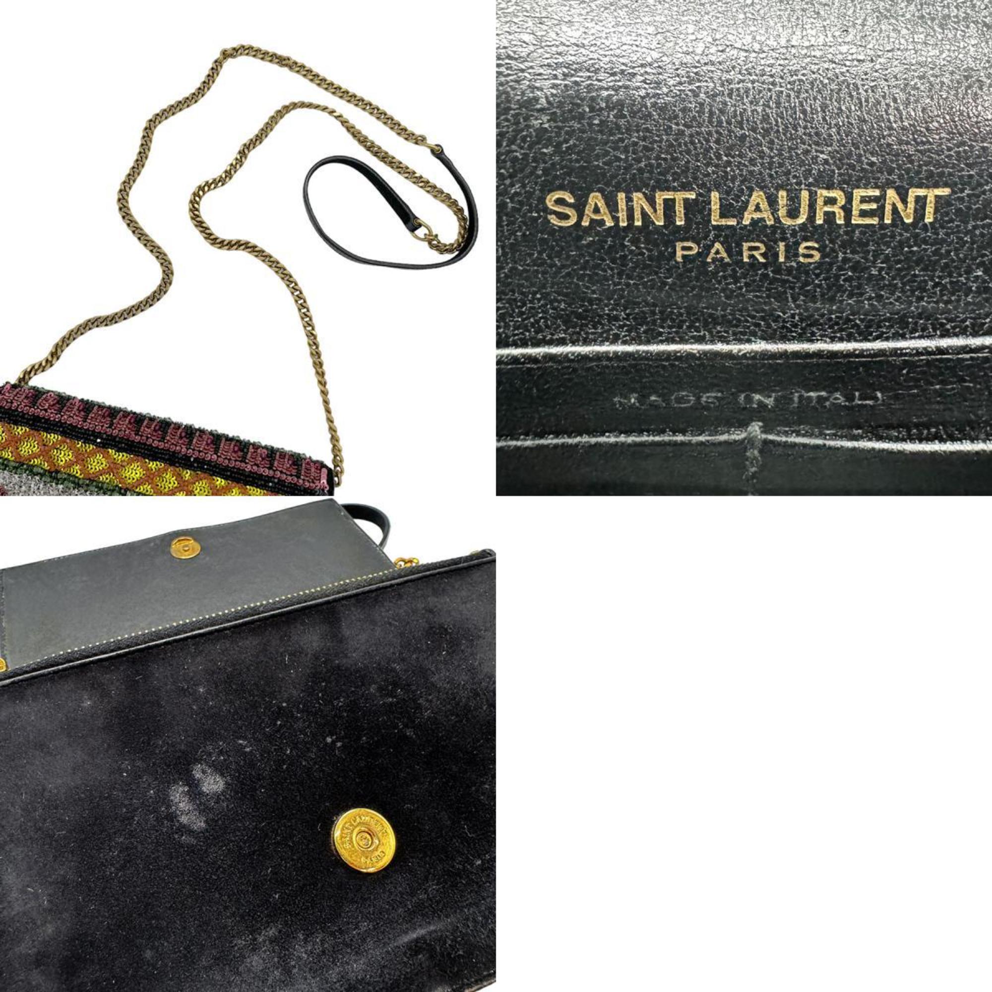 Saint Laurent SAINT LAURENT Chain Wallet Suede/Beads Black x Multicolor Women's z0677