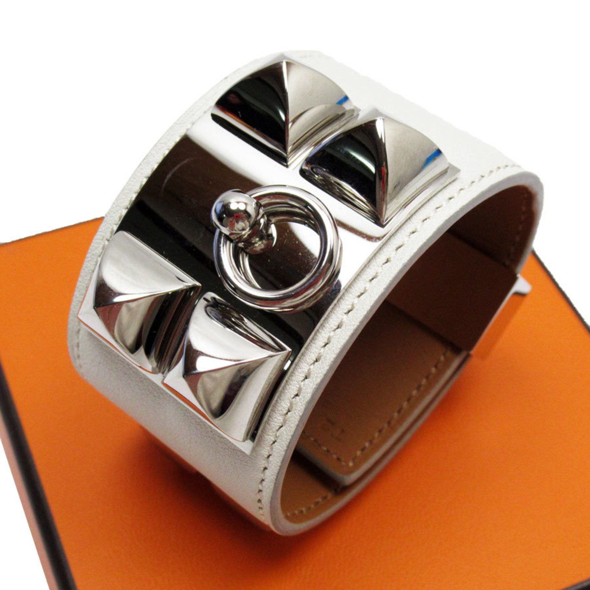 Hermes HERMES Bracelet Collier de Chien Leather/Metal Off-White/Silver Unisex w0180i