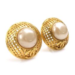 CHANEL Earrings Coco Mark Metal/Faux Pearl Gold/Off-White Women's e58579a