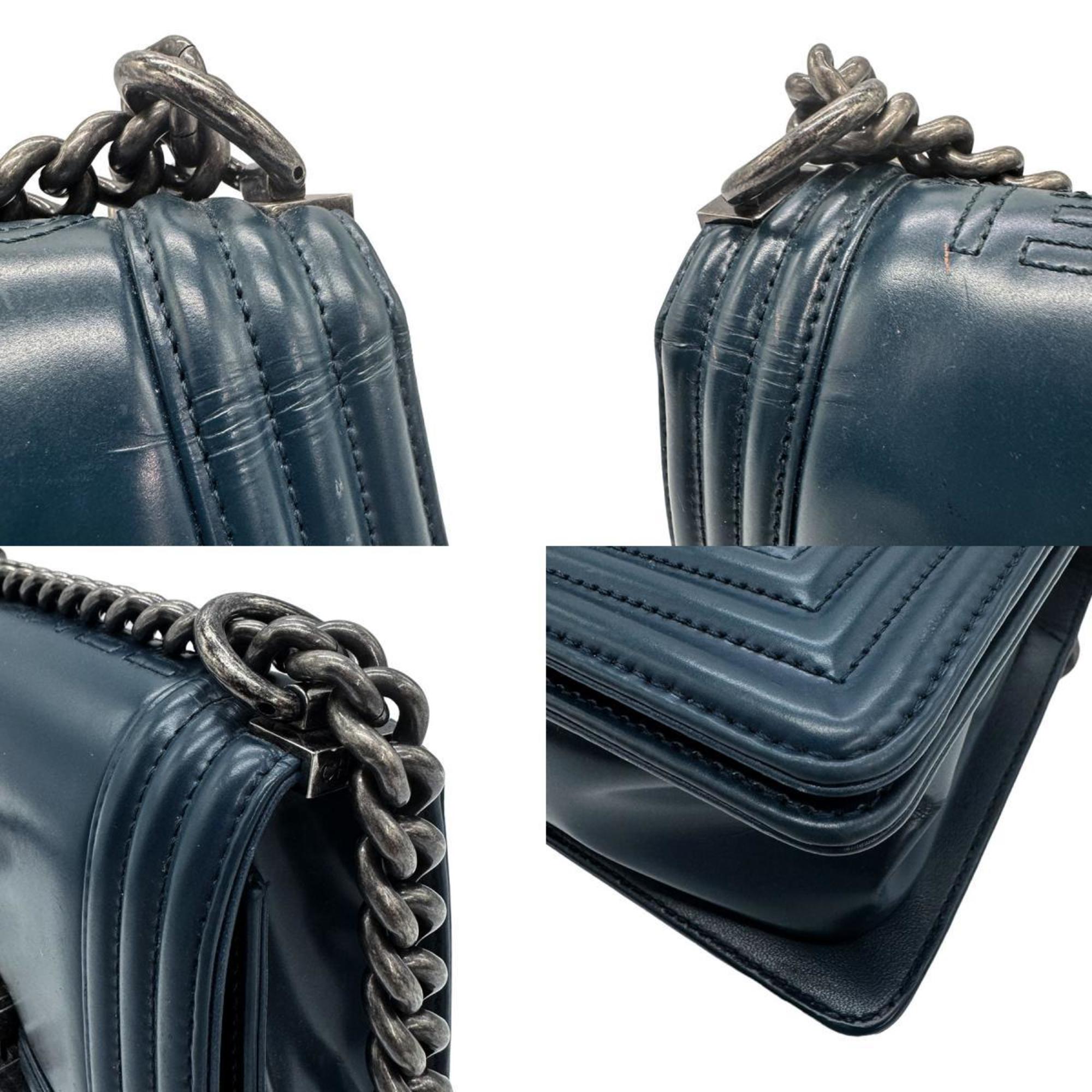CHANEL Shoulder Bag Boy Chanel Leather Navy Women's z0734