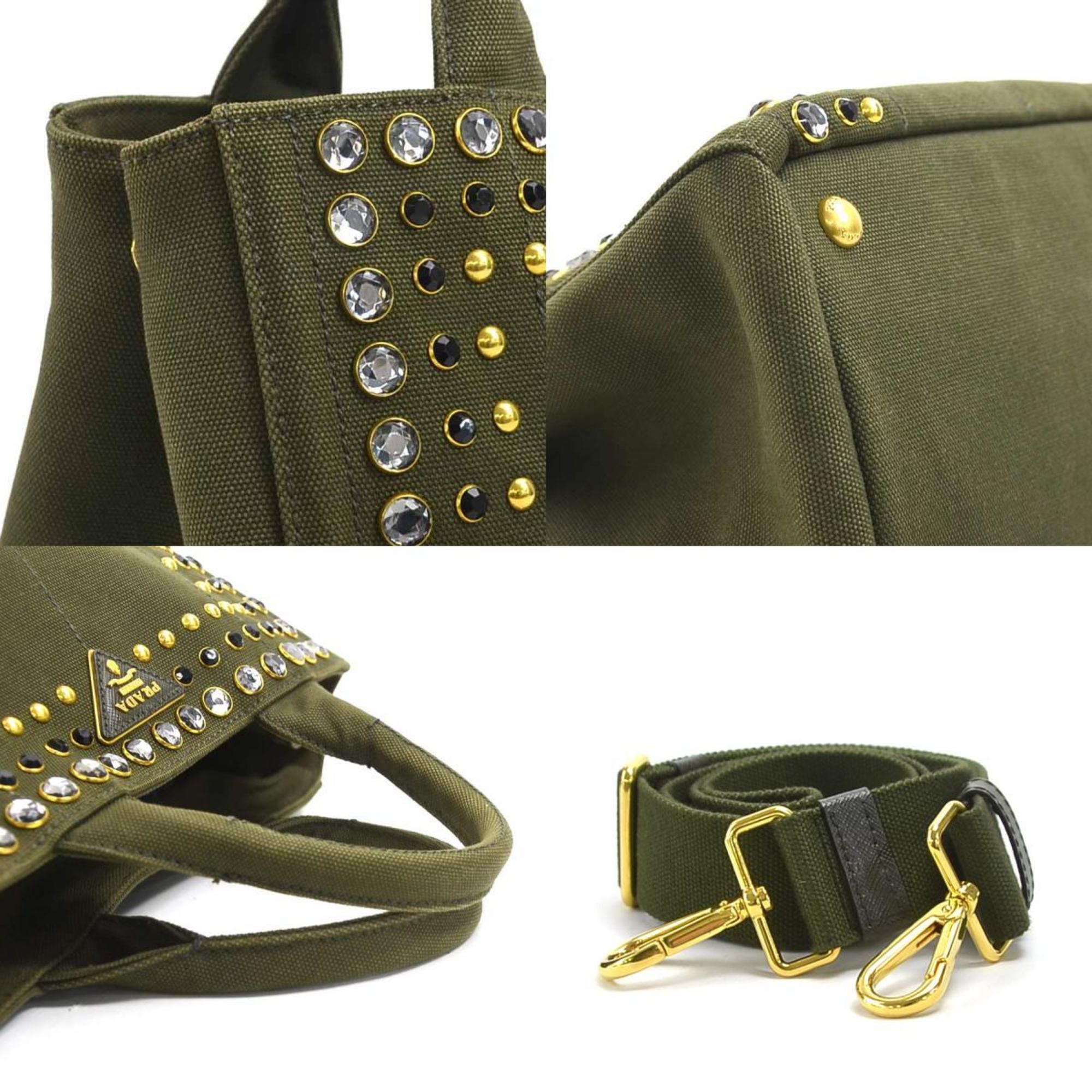 PRADA handbag shoulder bag canapa canvas khaki gold ladies e58565g