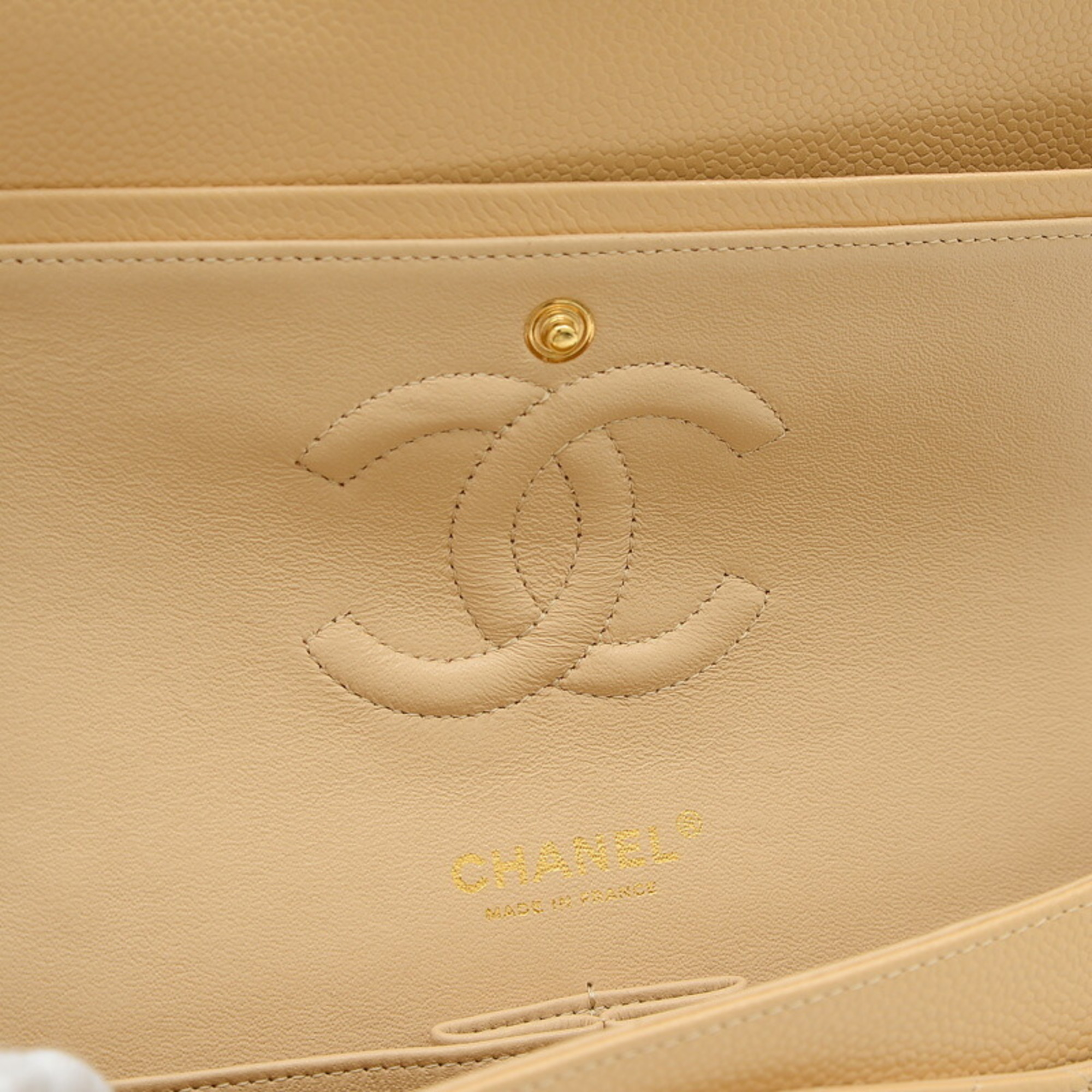 Chanel Matelasse Double Chain Shoulder Bag Caviar Skin Beige A01112