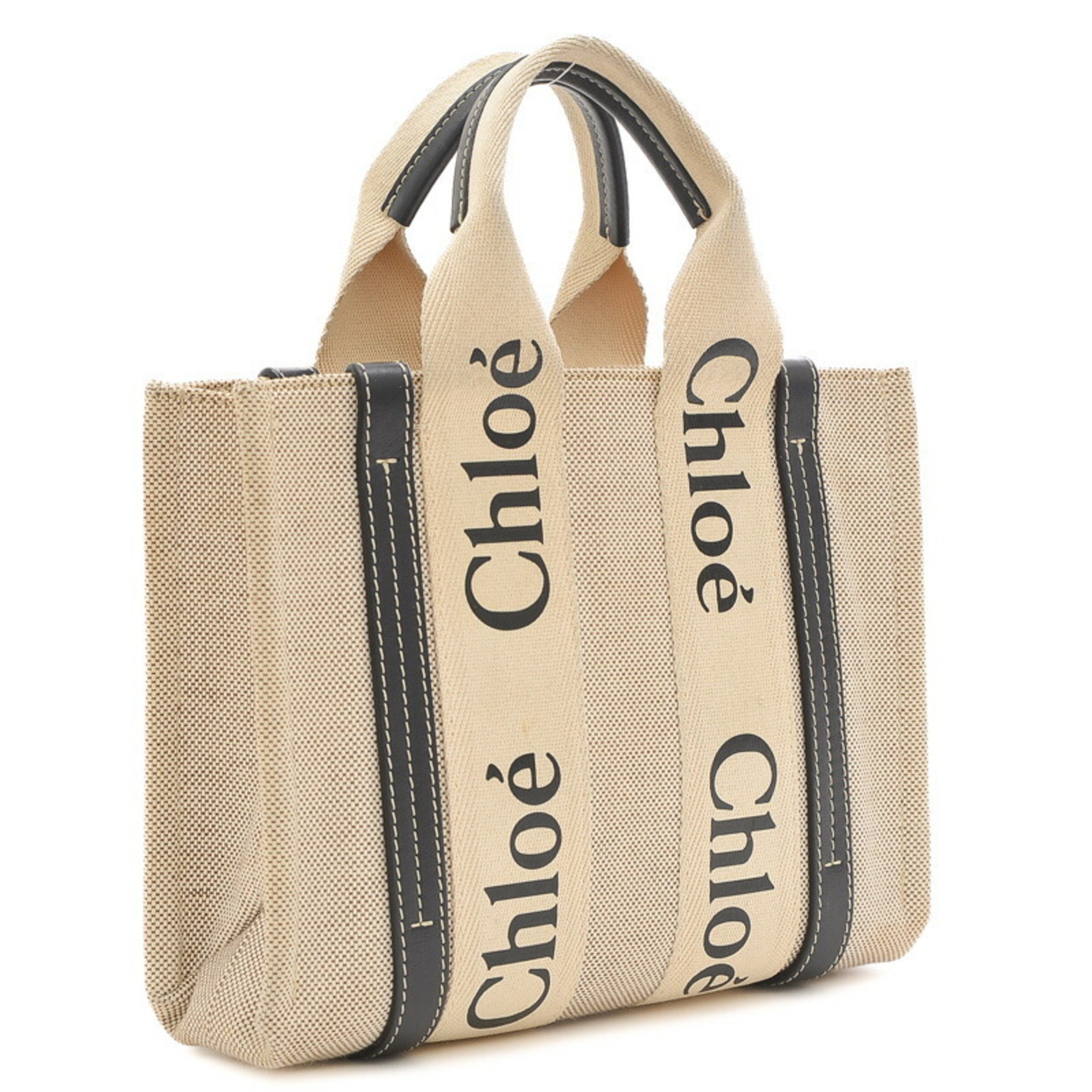 Chloé Chloe Woody Small Tote Bag Canvas Leather Beige Black