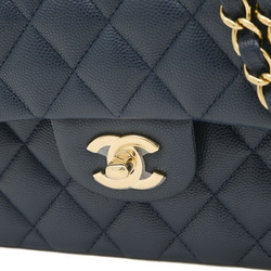 Chanel Matelasse W Chain Shoulder Bag Caviar Skin Navy A01113