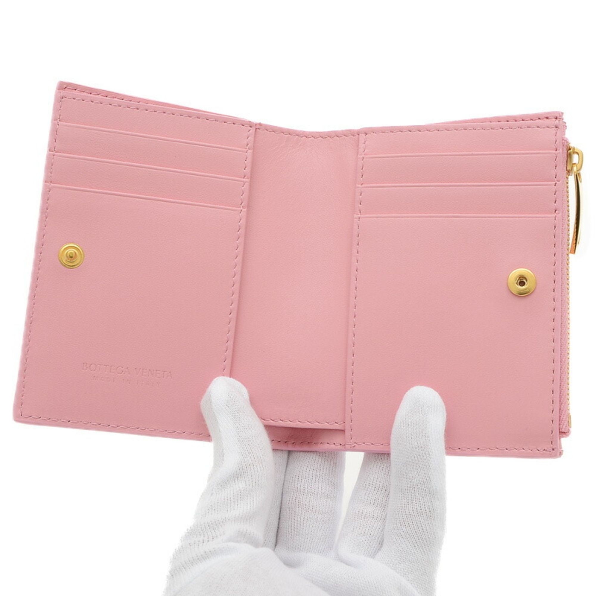 Bottega Veneta Intrecciato Compact Bi-fold Wallet Lambskin Pink 707601