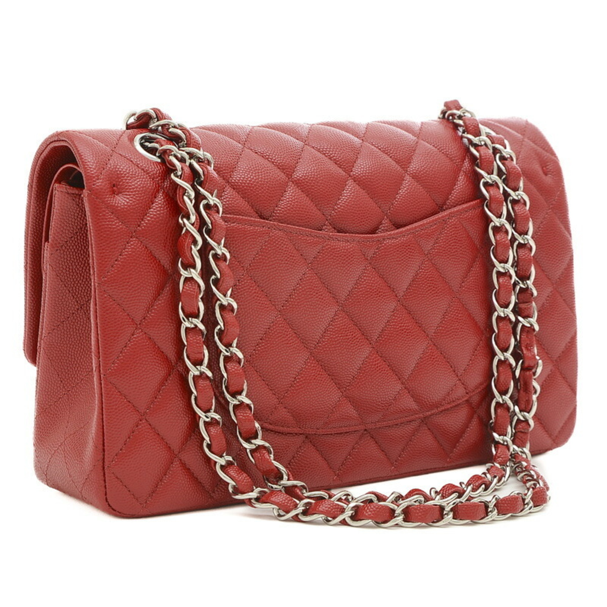 Chanel Matelasse W Chain Shoulder Bag 25 Caviar Skin Red A01112