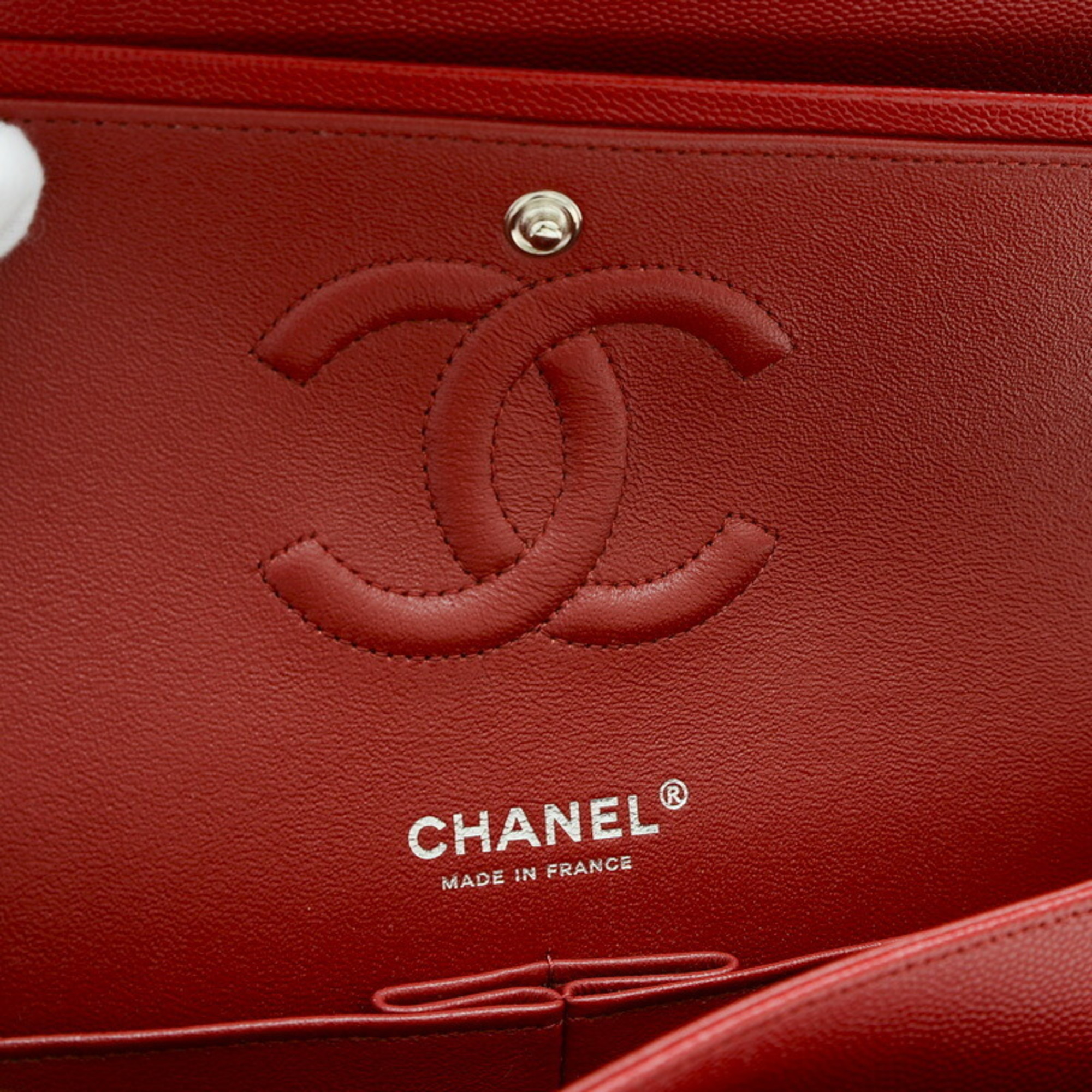 Chanel Matelasse W Chain Shoulder Bag 25 Caviar Skin Red A01112