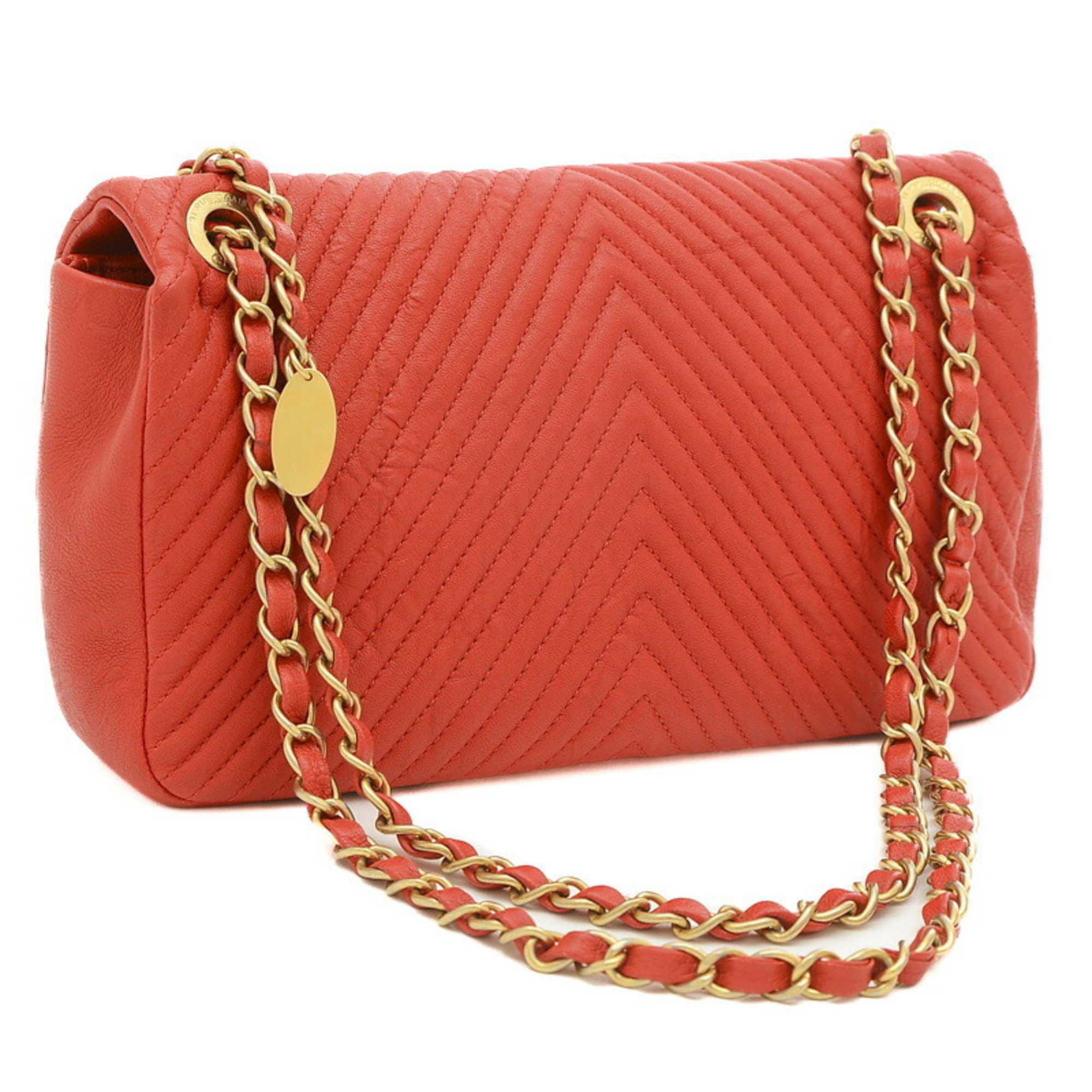 Chanel Chevron V-stitch W-chain shoulder bag leather red A92087