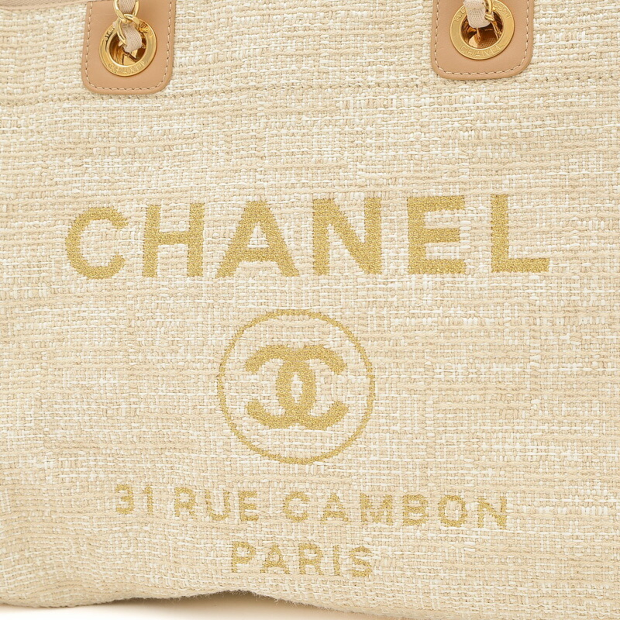 Chanel Deauville MM Medium Chain Tote Bag Canvas Beige Gold A67001