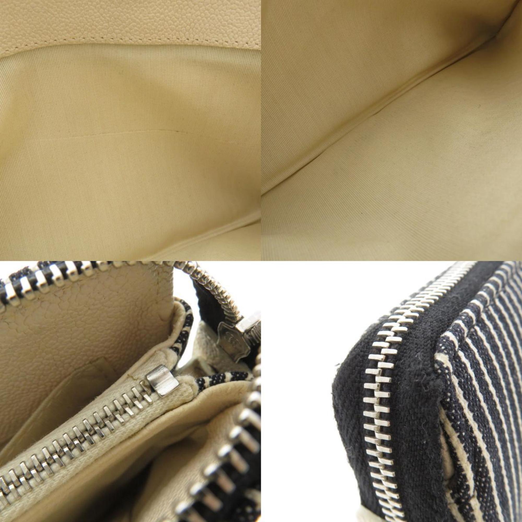 CHANEL Coco Mark Stripe Pouch Canvas/Leather Women's