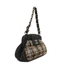 Chanel Shoulder Bag Matelasse Chain Tweed Black Brown Women's