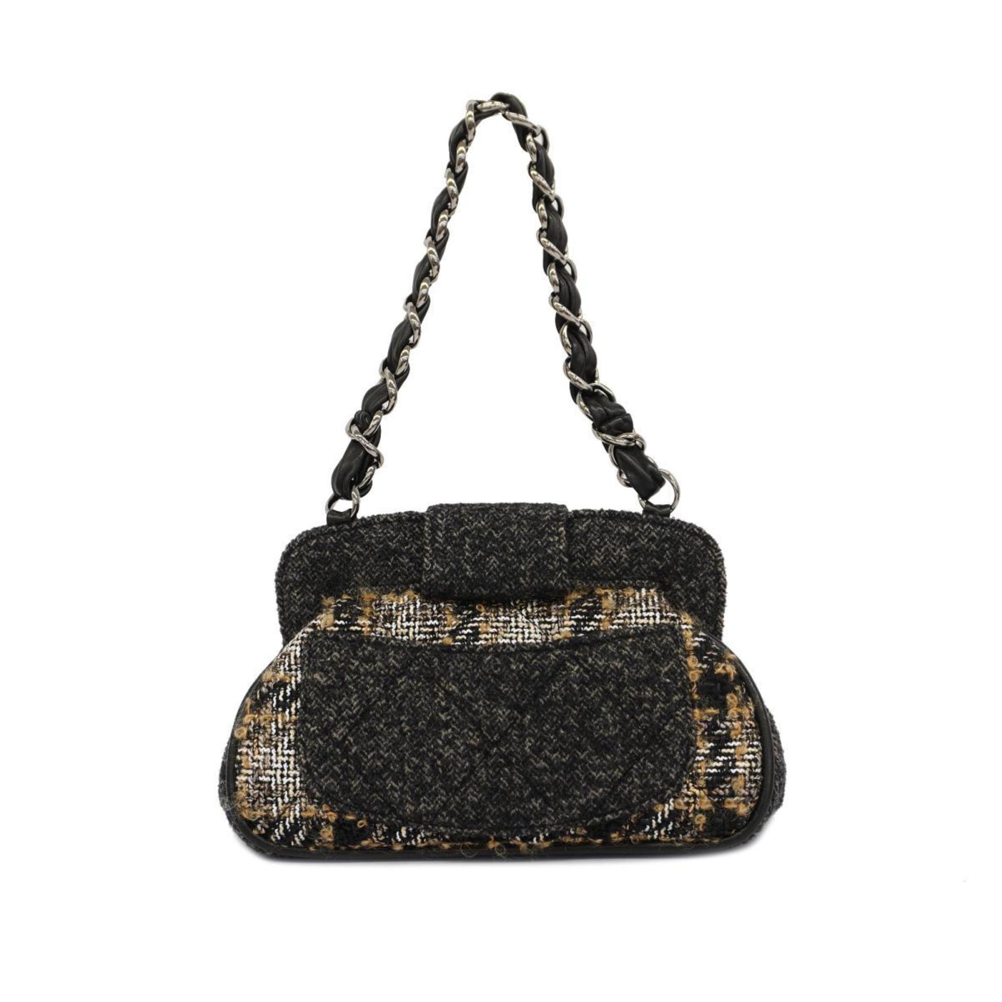 Chanel Shoulder Bag Matelasse Chain Tweed Black Brown Women's