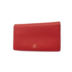 Chanel Long Wallet Coco Button Leather Red Women's
