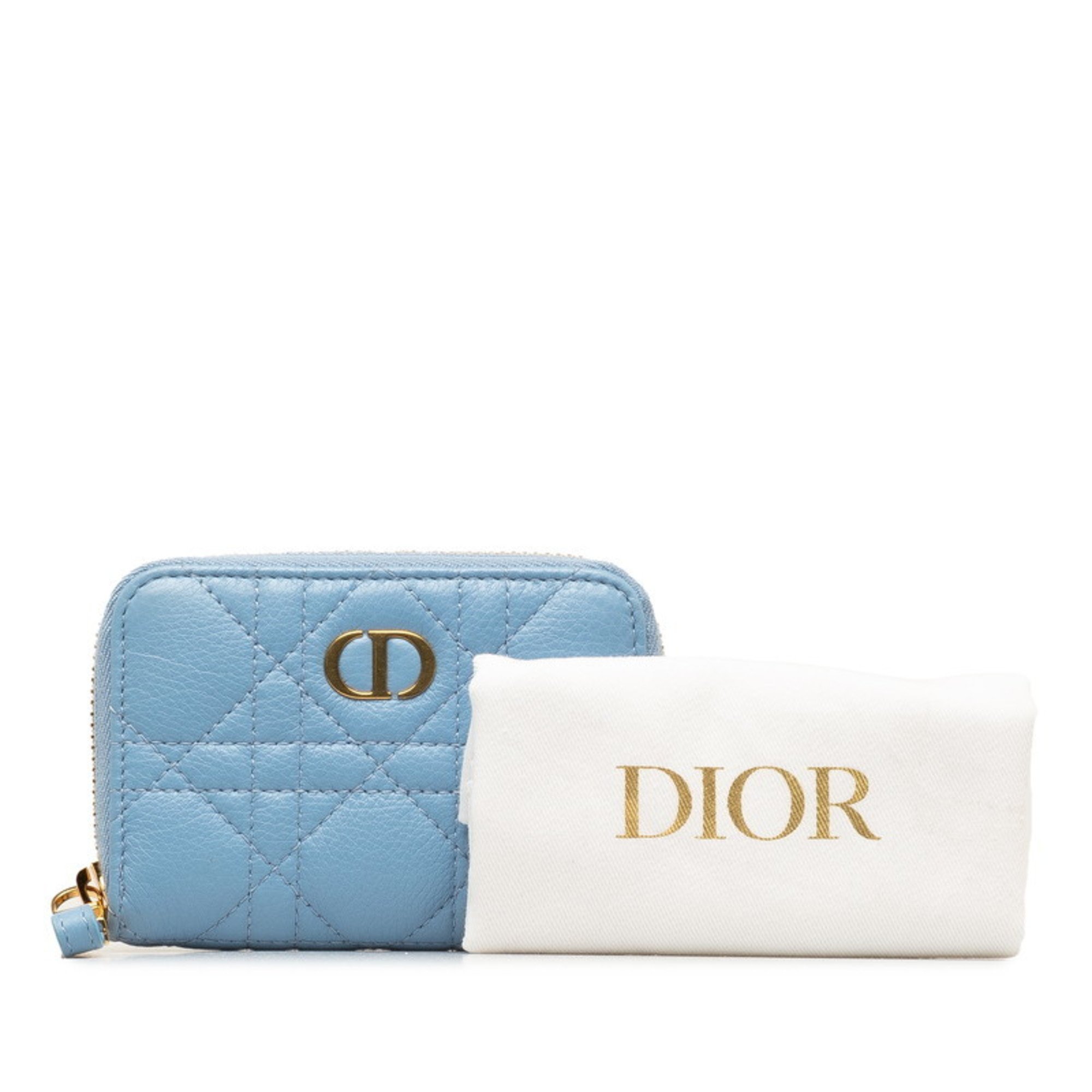 Christian Dior Dior Cannage Card Case Coin Purse Blue Gold Leather Women's