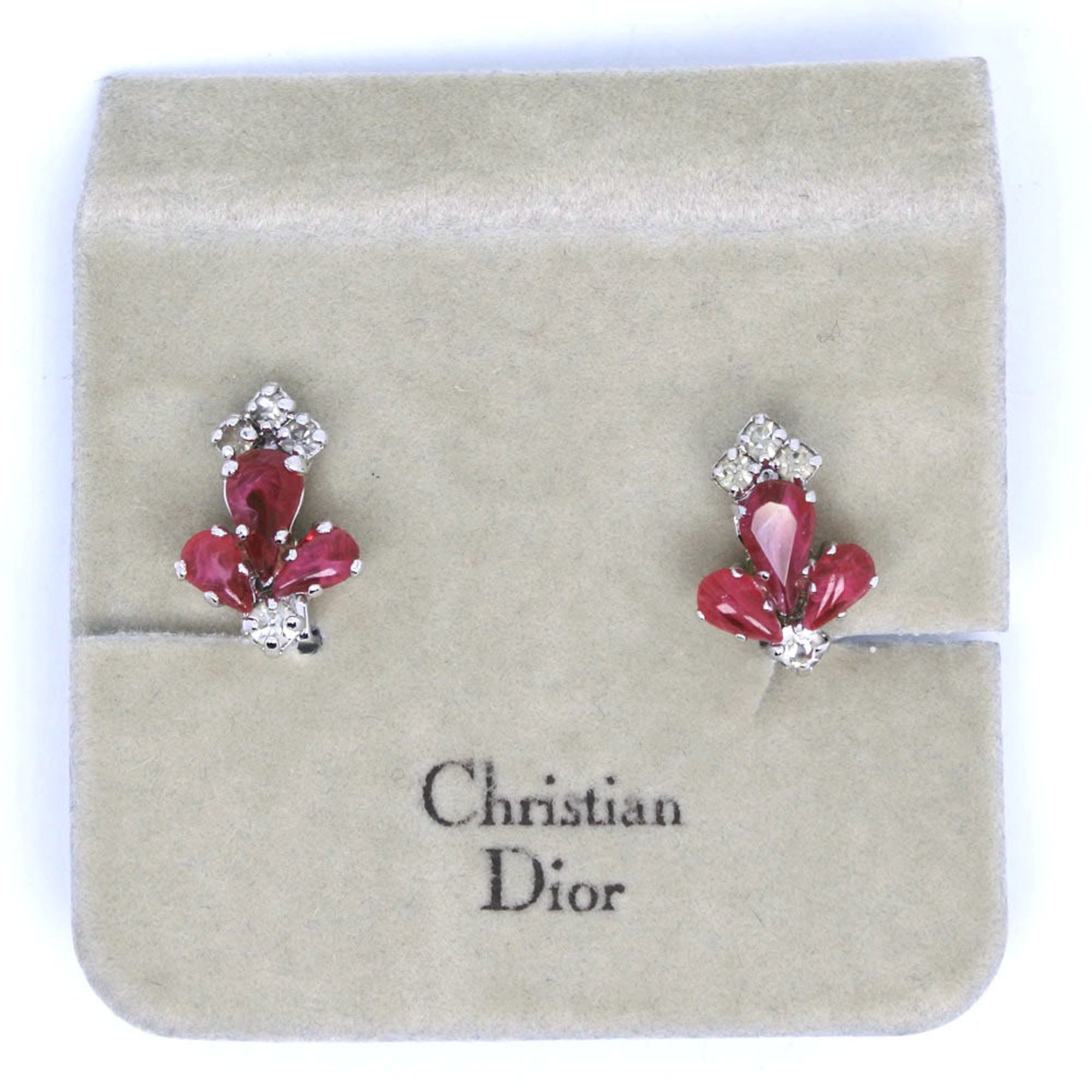 Christian Dior Flower Earrings x Rhinestones Made in Germany Silver Approx. 4.1g Flour Women's