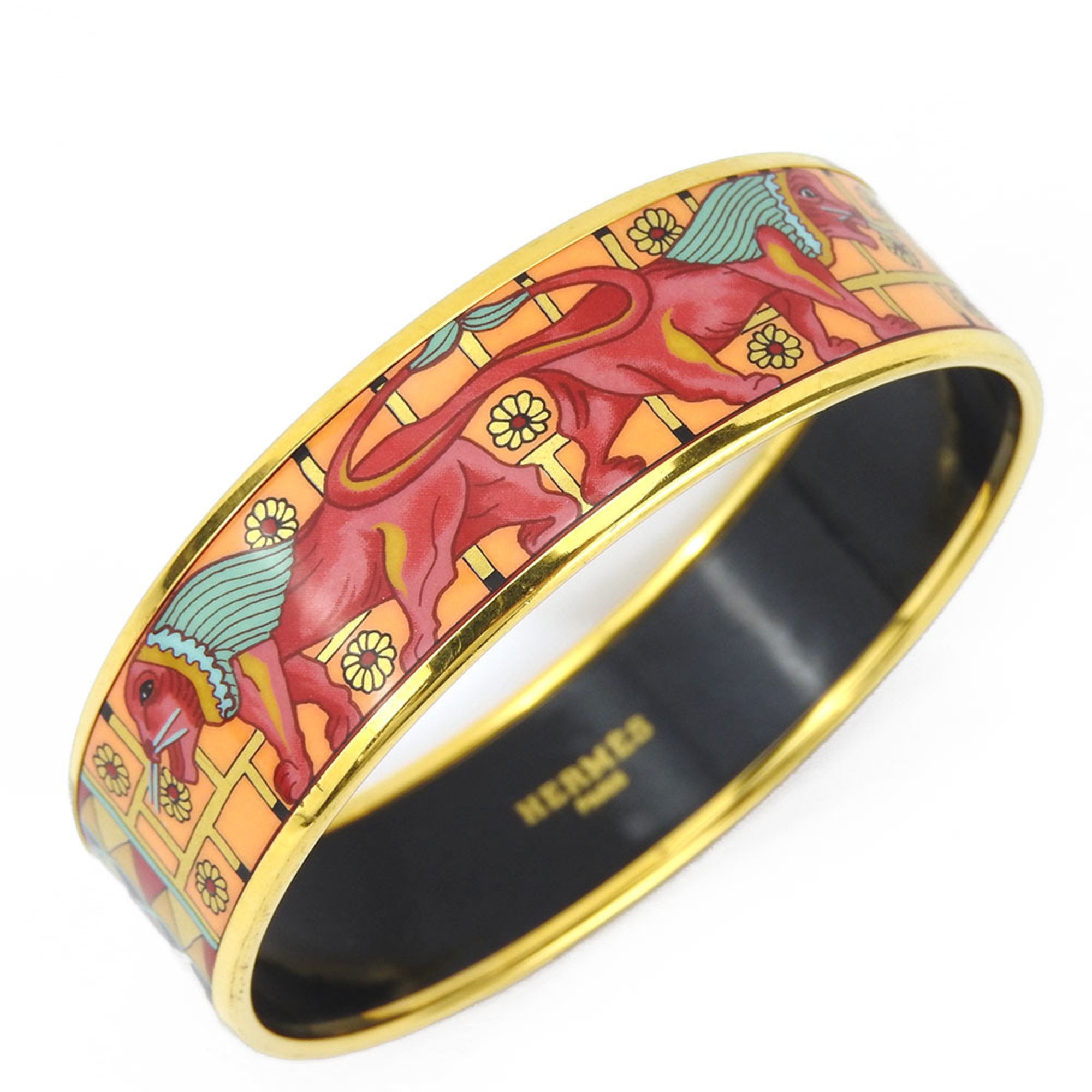 Hermes bracelet enamel GM metal cloisonné orange pink green GP lion ladies HERMES