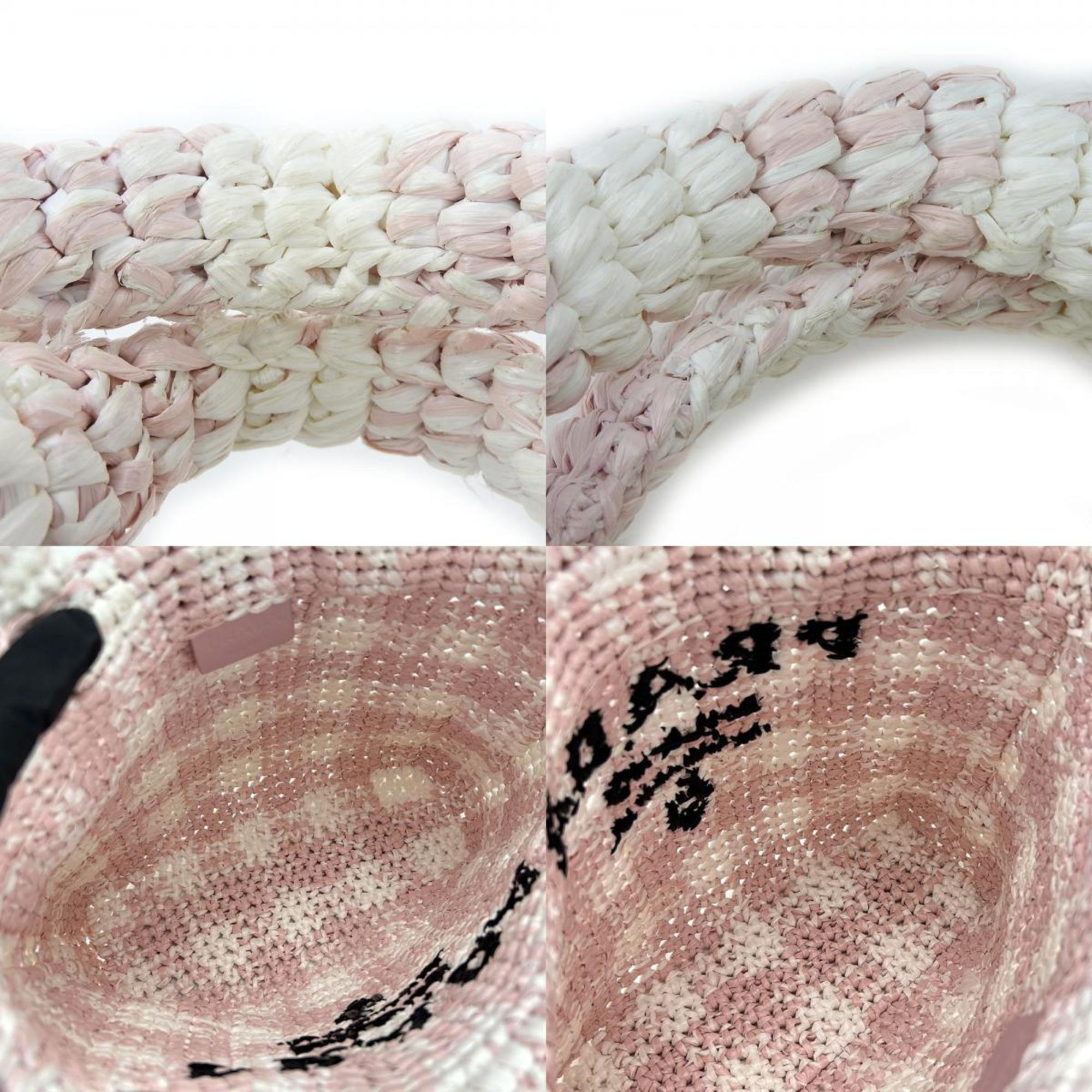 Prada Tote Bag Small Crochet 1BG422 Raffia Pink White Women's PRADA