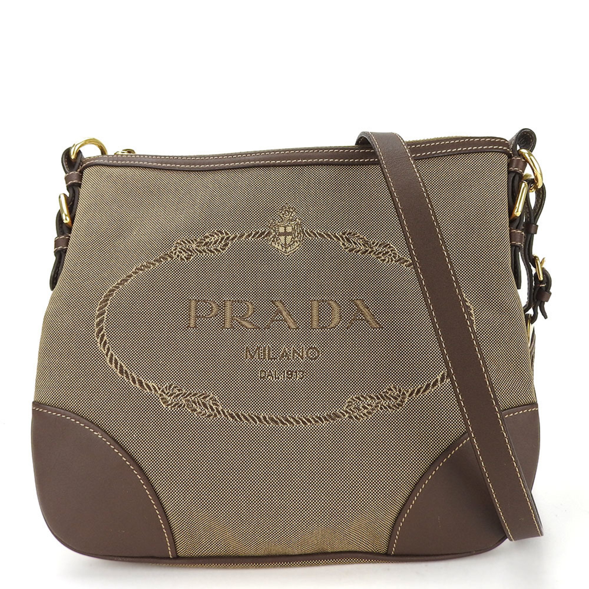 Prada Shoulder Bag Canvas Leather Beige Brown Women's PRADA