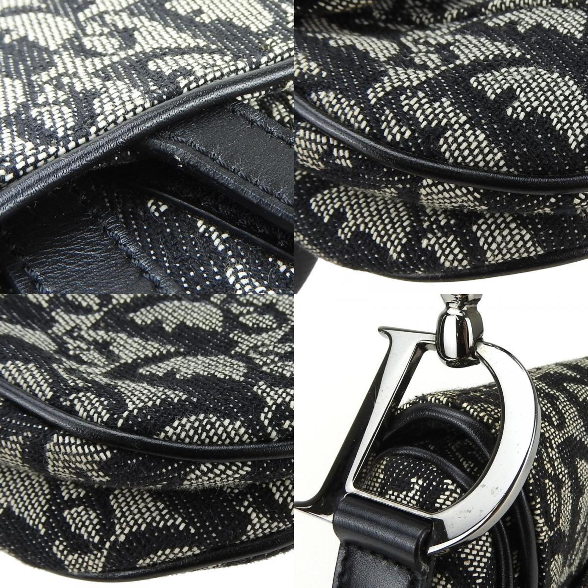 Christian Dior Shoulder Bag Trotter Saddle Canvas Leather Black Grey CD Women's