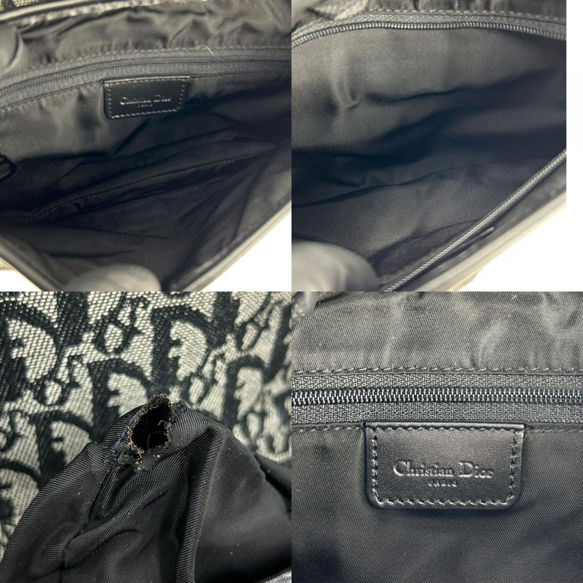 Christian Dior Shoulder Bag Trotter Saddle Canvas Leather Black Grey CD Women's