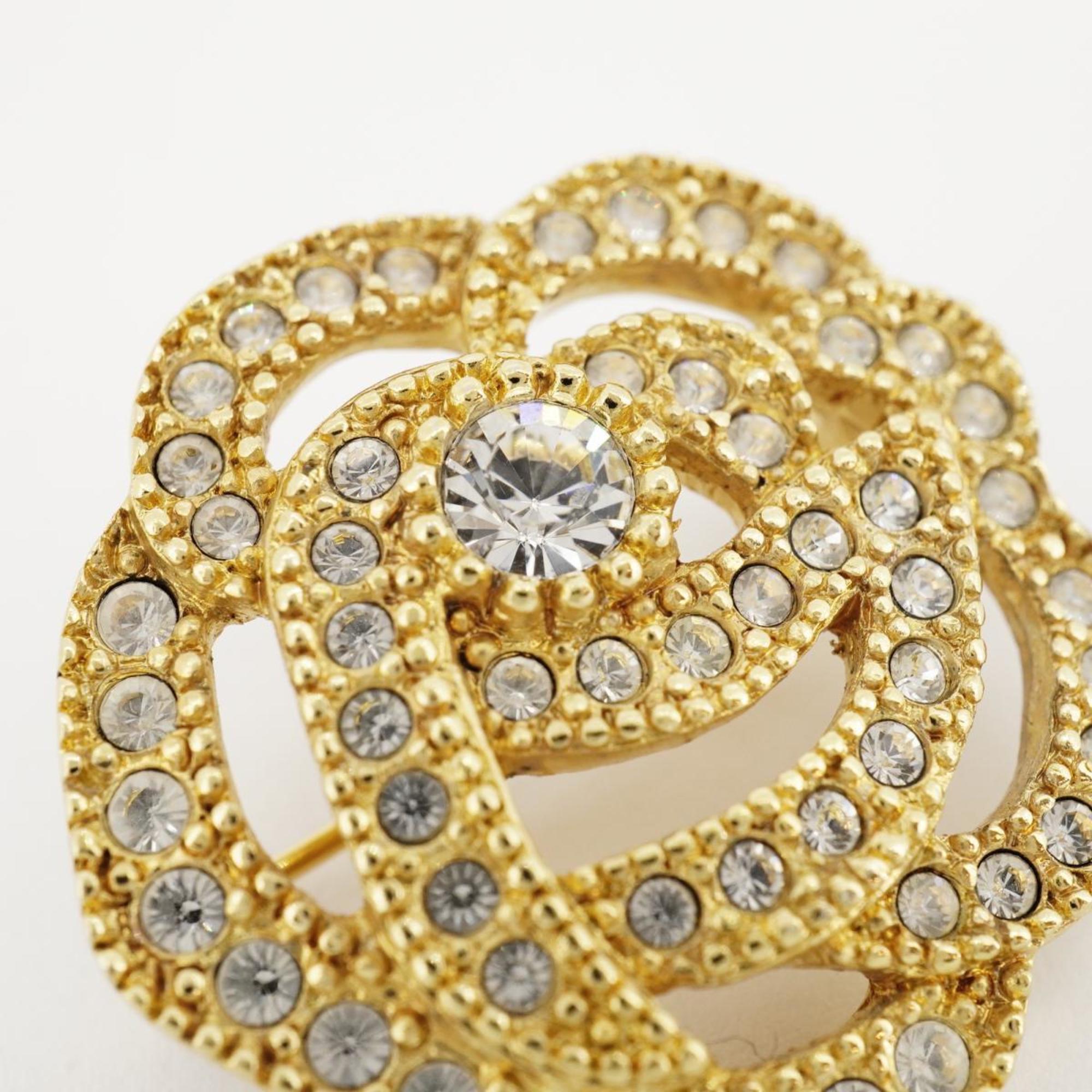 Christian Dior Brooch Flower Motif Rhinestone GP Plated Gold Women's