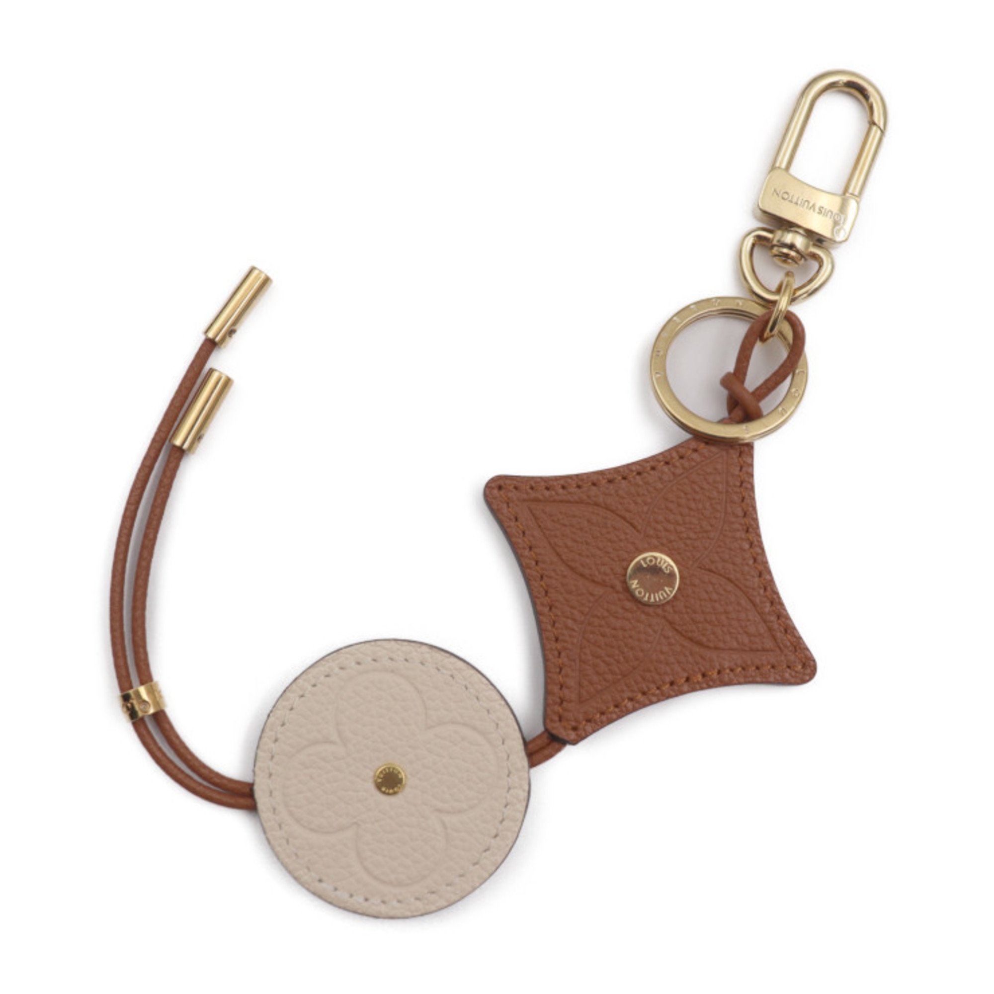 LOUIS VUITTON Louis Vuitton Porte-Clé Flower Tassel Keychain M00361 Metal Leather Gold Brown Cream Keyring Bag Charm