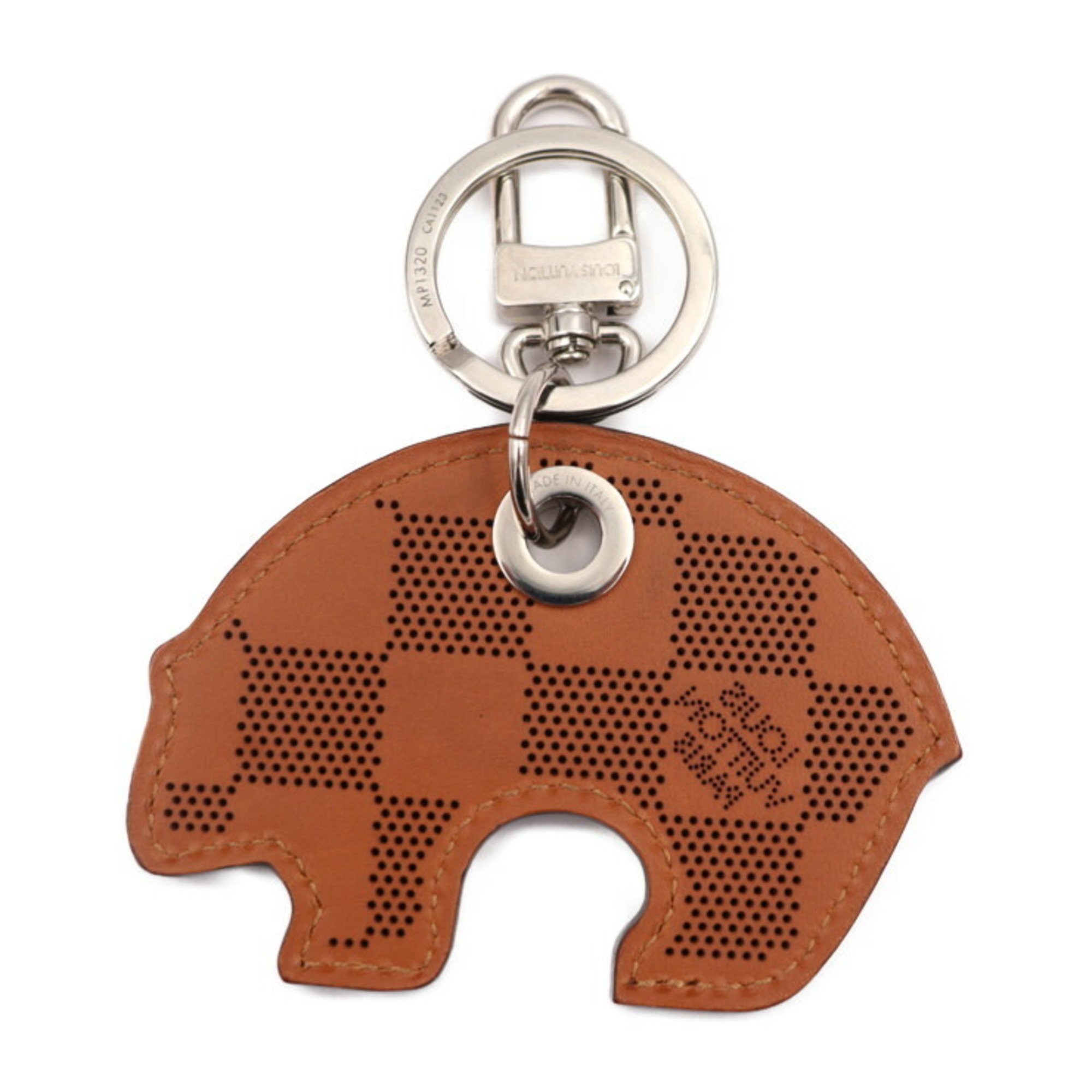 LOUIS VUITTON Louis Vuitton Summer Melody Damier Punching Keychain MP1320 Cowhide Leather Brown Keyring Bag Charm Bear