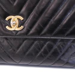 Chanel handbag V-stitch chain shoulder leather black ladies
