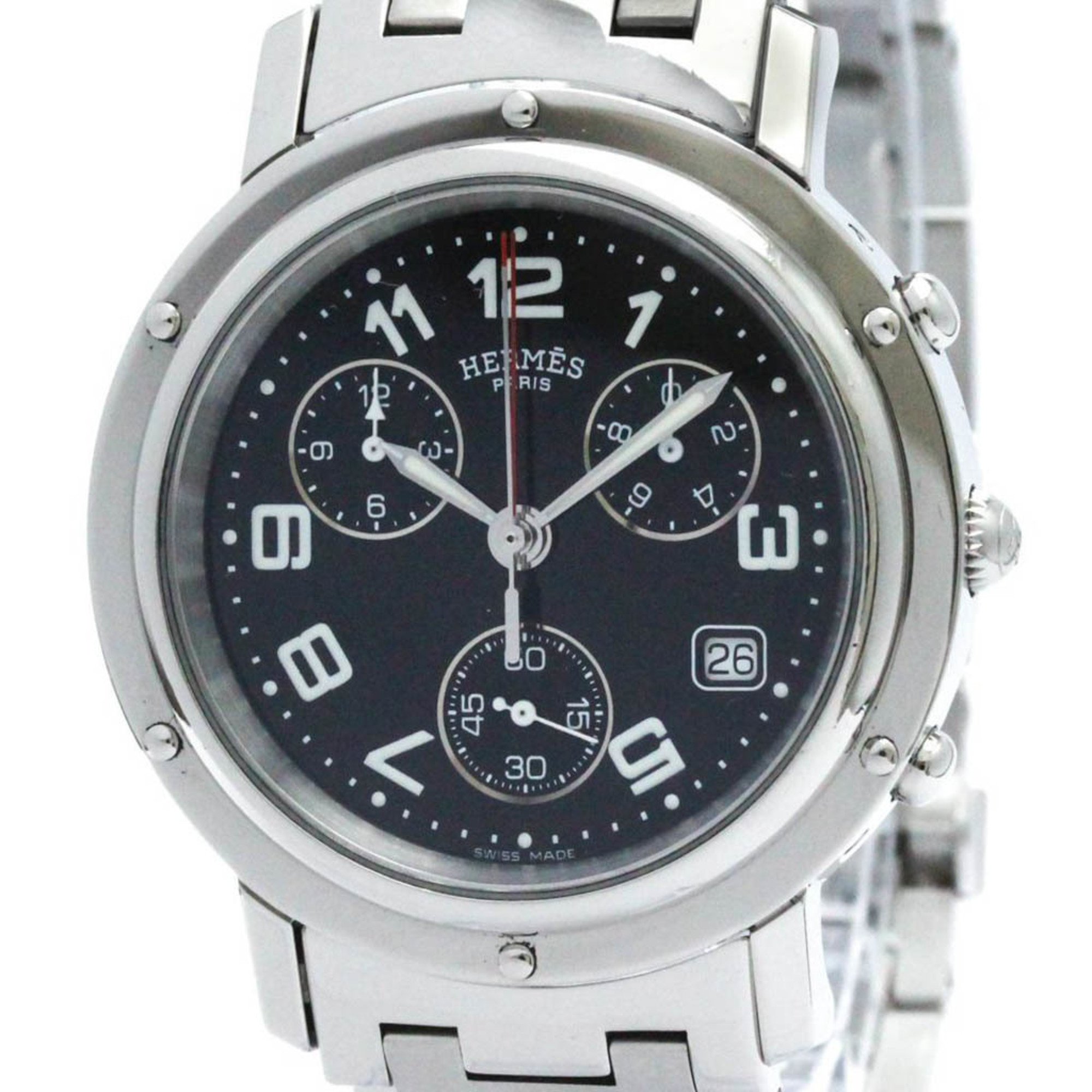 Polished HERMES Clipper Chronograph Quartz Mens Watch CL1.910 BF571299