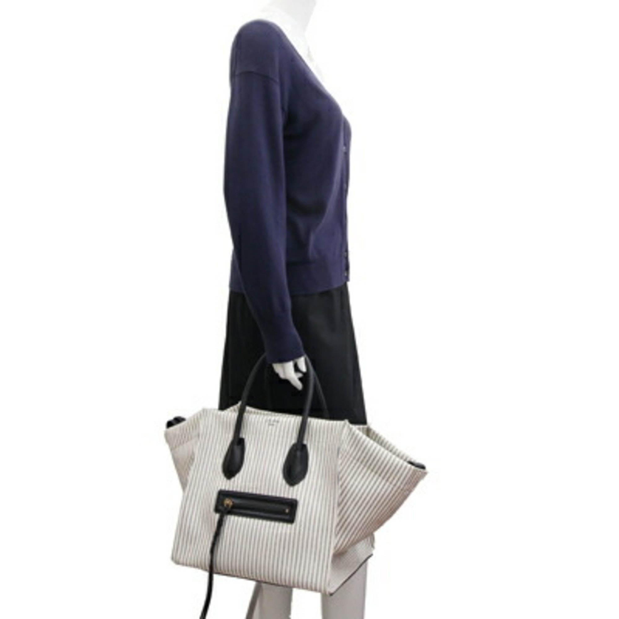 Celine Handbag Luggage Phantom 169952 Ivory Black Canvas Leather Tote Bag Stripe Women's CELINE