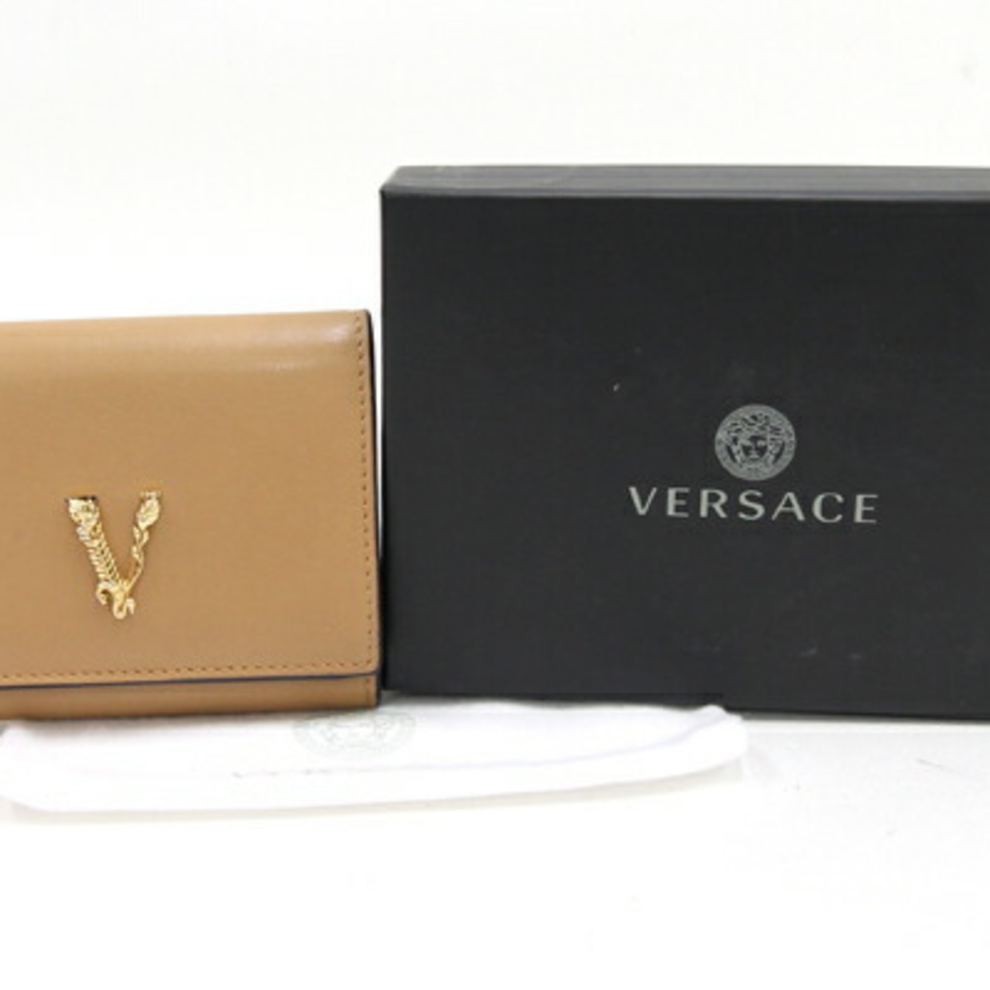 Versace Tri-fold Wallet Beige Leather V Compact Women's VERSACE