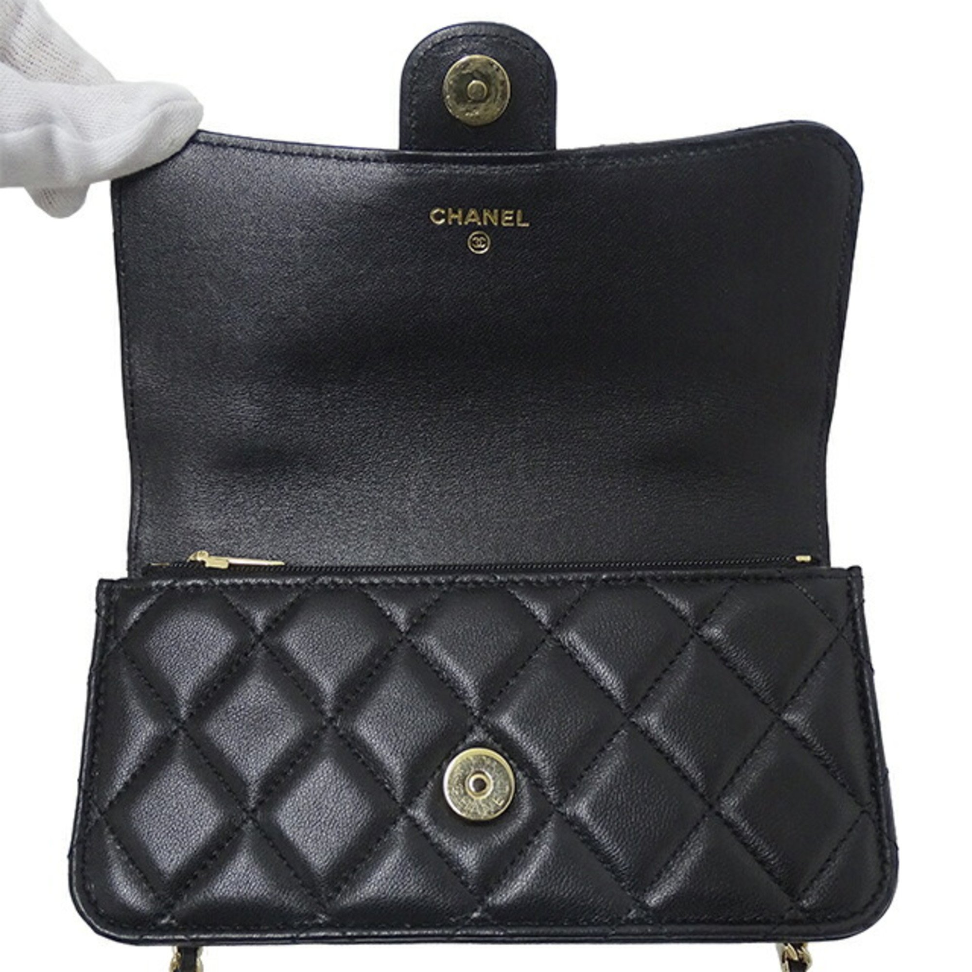 CHANEL Bag Matelasse Women's Handbag Shoulder 2way Lamb Black Chain Compact
