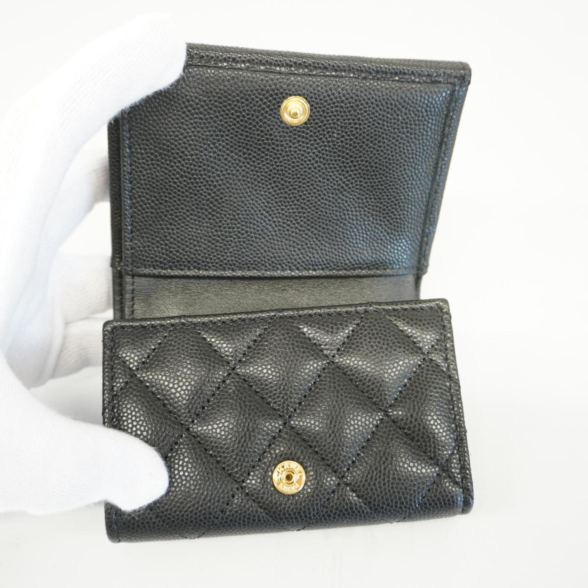 Chanel Tri-fold Wallet Matelasse Caviar Skin Black Women's