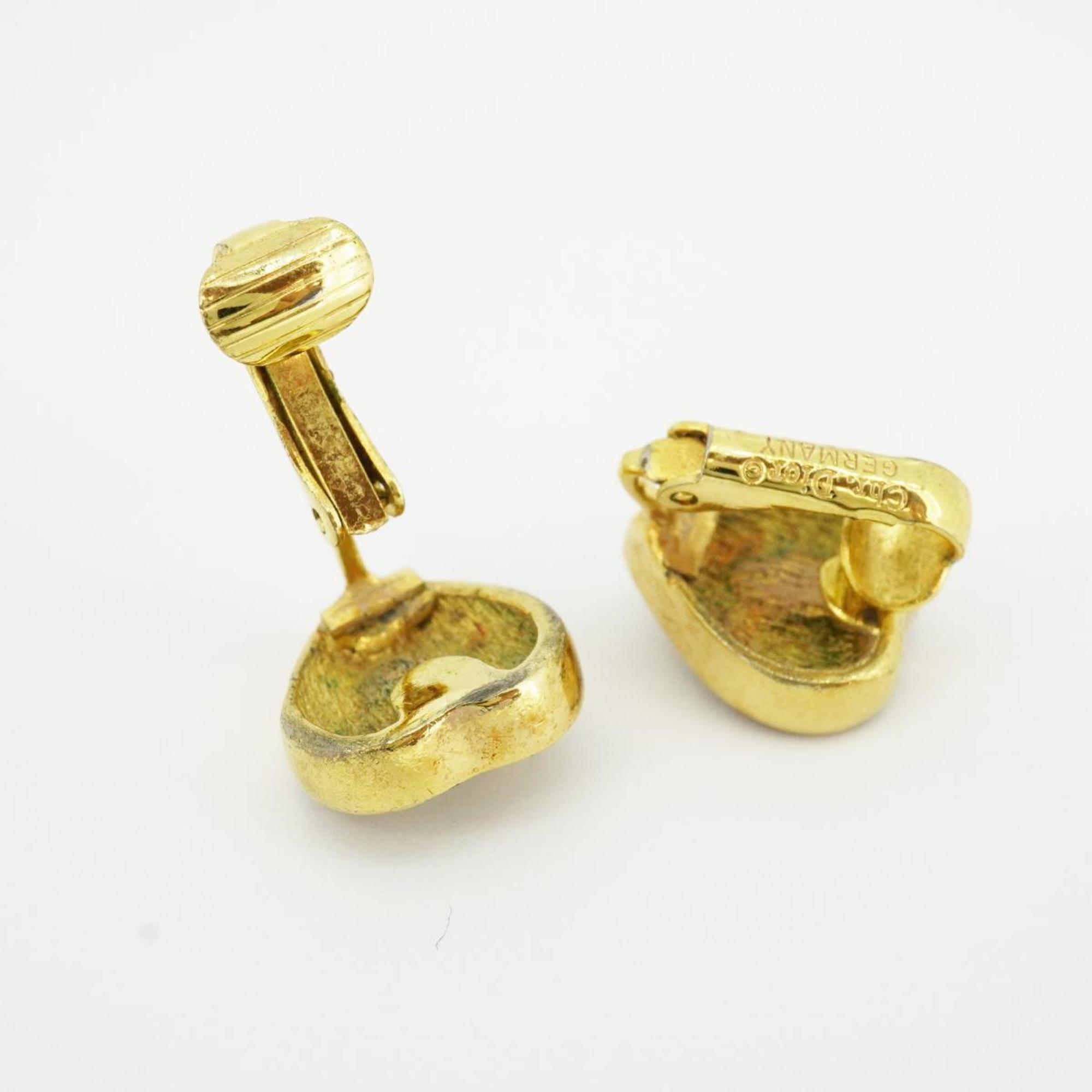 Christian Dior Earrings Heart Motif Rhinestone GP Plated Gold Women's