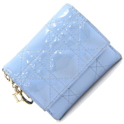 Christian Dior Dior Tri-fold Wallet Lady Lotus S0181OWEC Light Blue Cannage Patent Calfskin Compact Enamel Women's