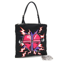 Prada Handbag 1BA252 Black Nylon Leather No Gusset Shoulder Bag Chain Heart Women's PRADA