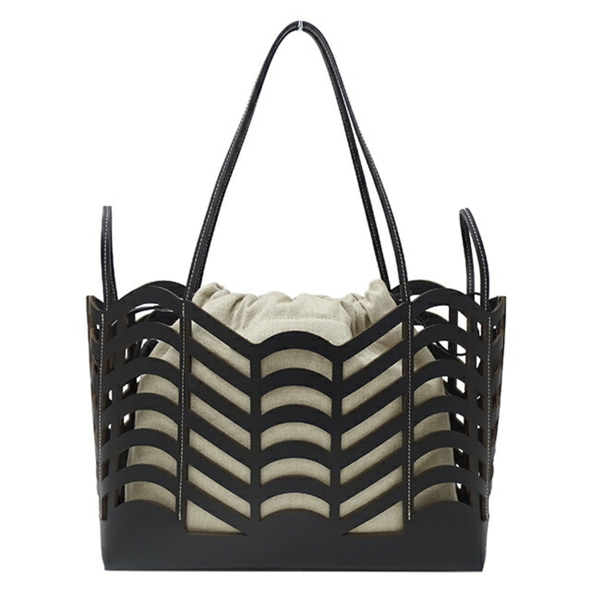 Chloé Chloe Bag Women's Tote Leather Linen Kayan Small Black Beige Basket