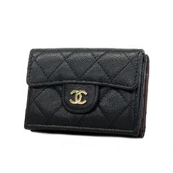 Chanel Tri-fold Wallet Matelasse Caviar Skin Black Champagne Women's