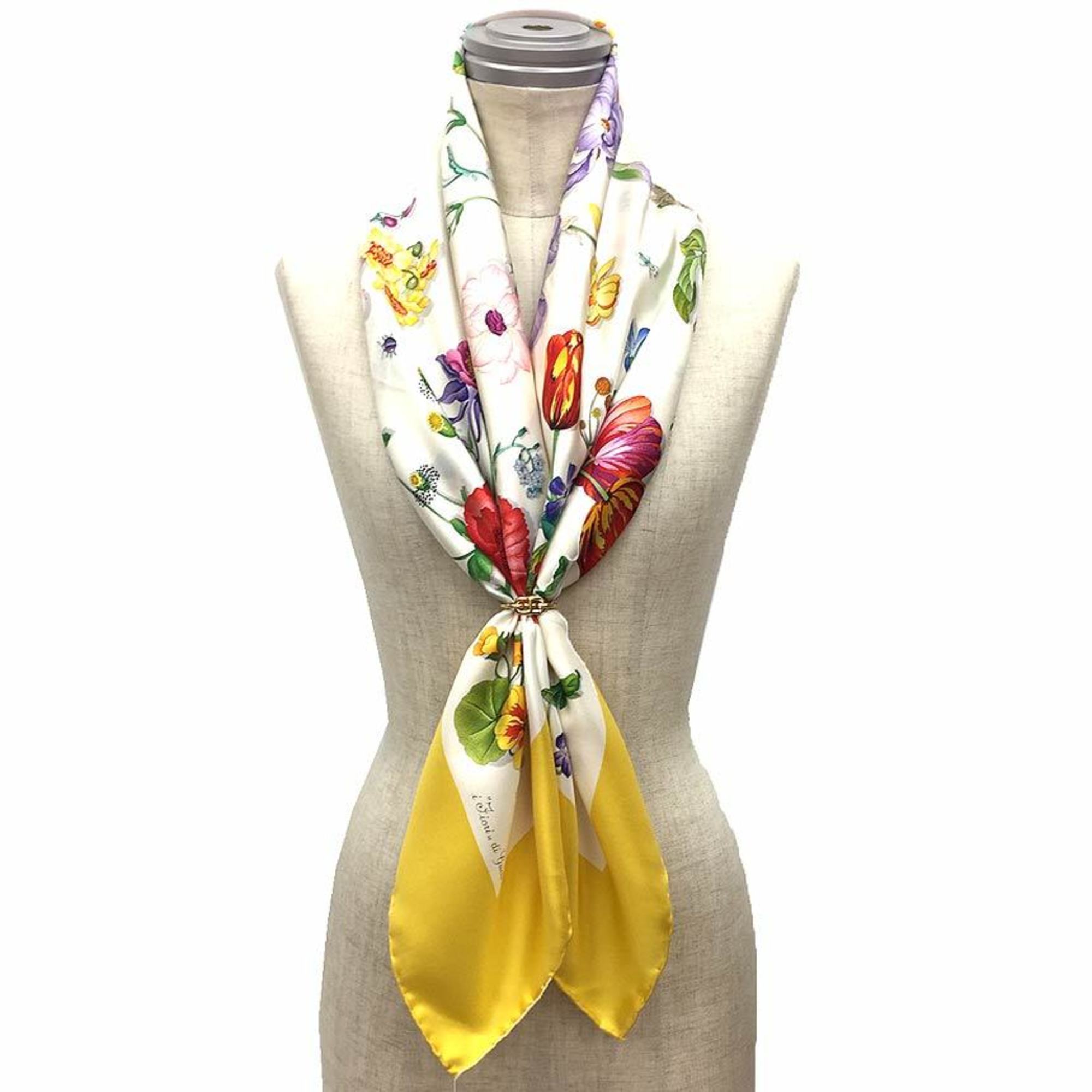 GUCCI Flora Print Scarf Muffler Shawl Large Carre 100% Silk Flower Yellow x White Gucci Women's