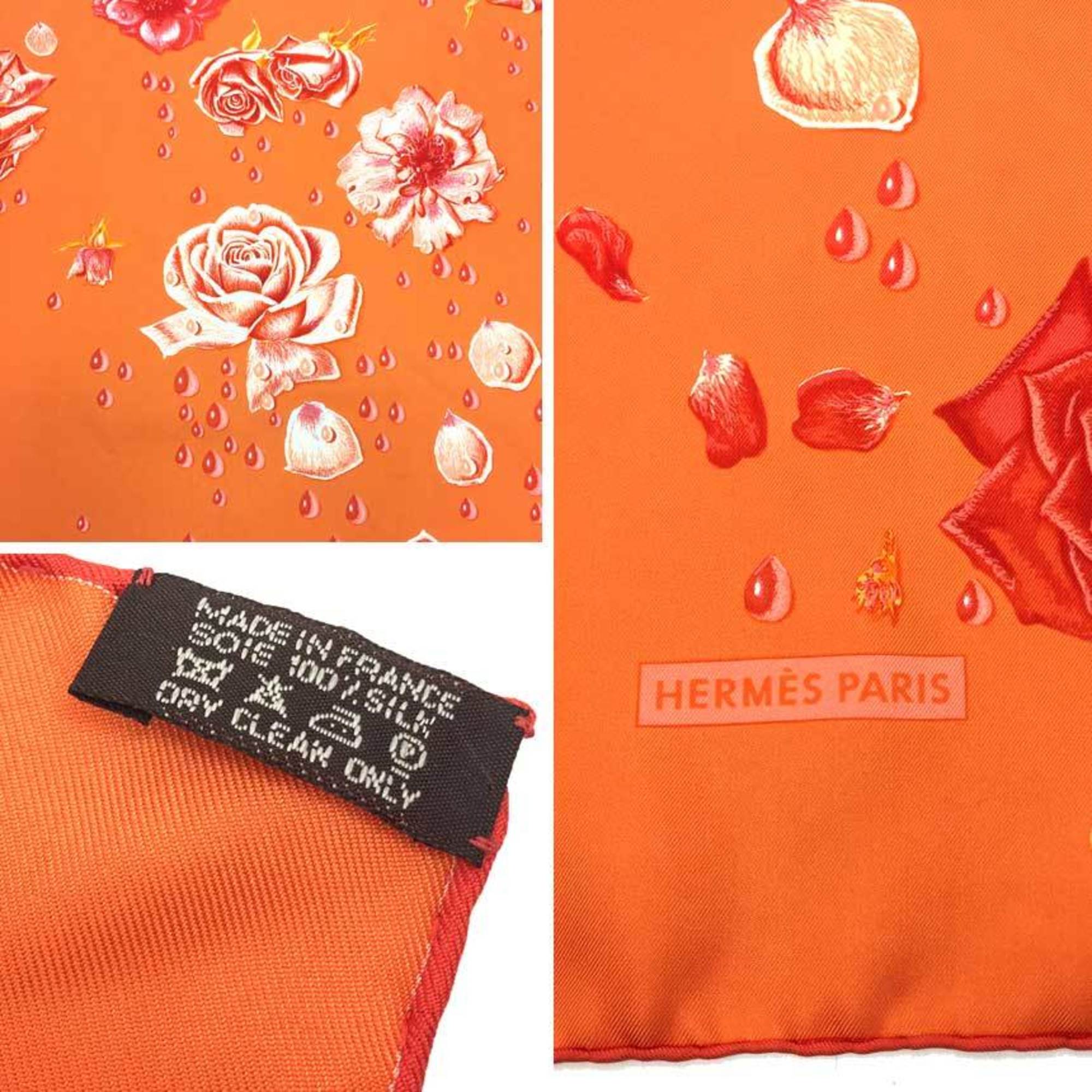 HERMES Hermes Scarf Muffler Carre 90 La Rosse Dew Rose Flower Silk Orange