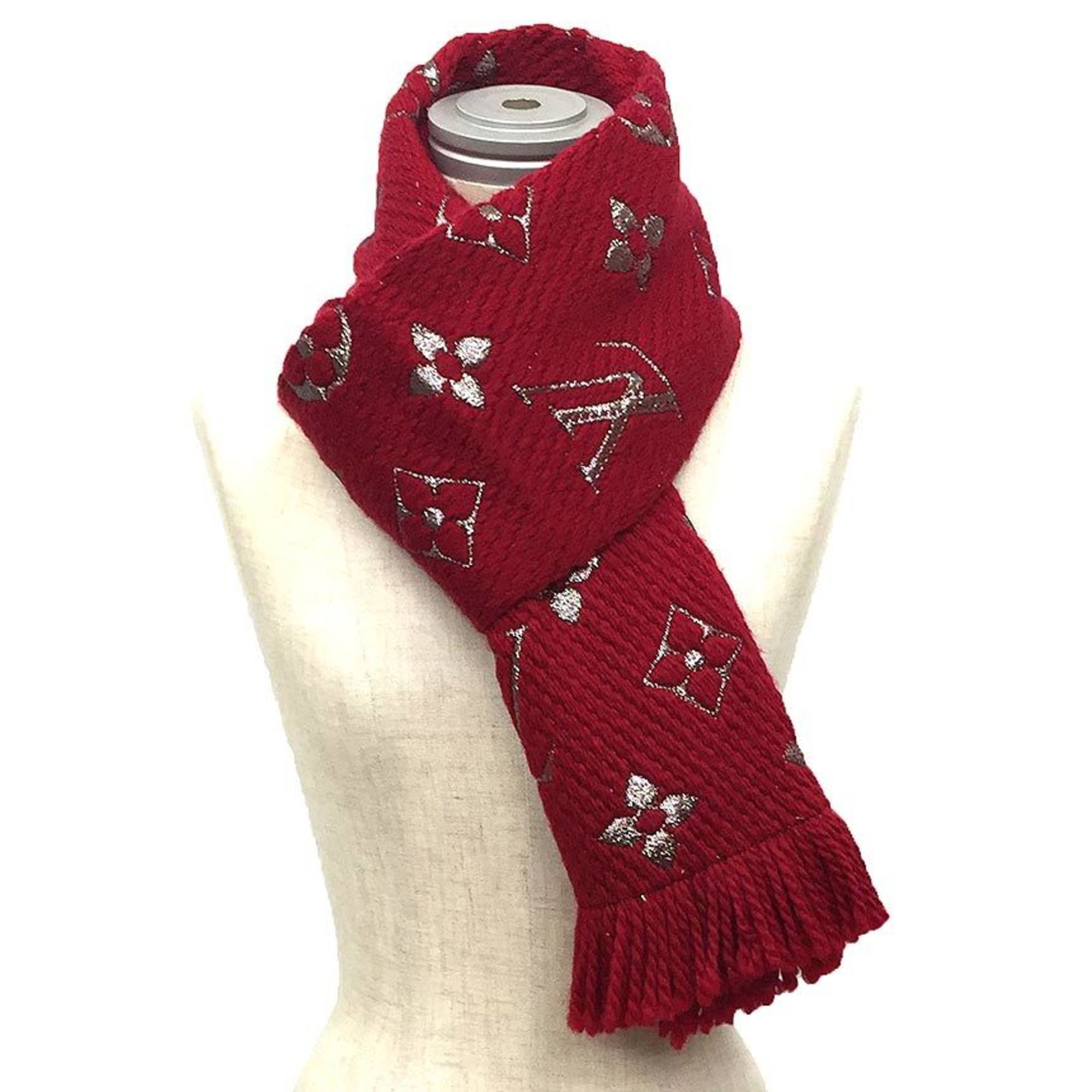 LOUIS VUITTON Louis Vuitton Echarpe Mania Shine Scarf M75832 Rouge Red Monogram Wool x Silk